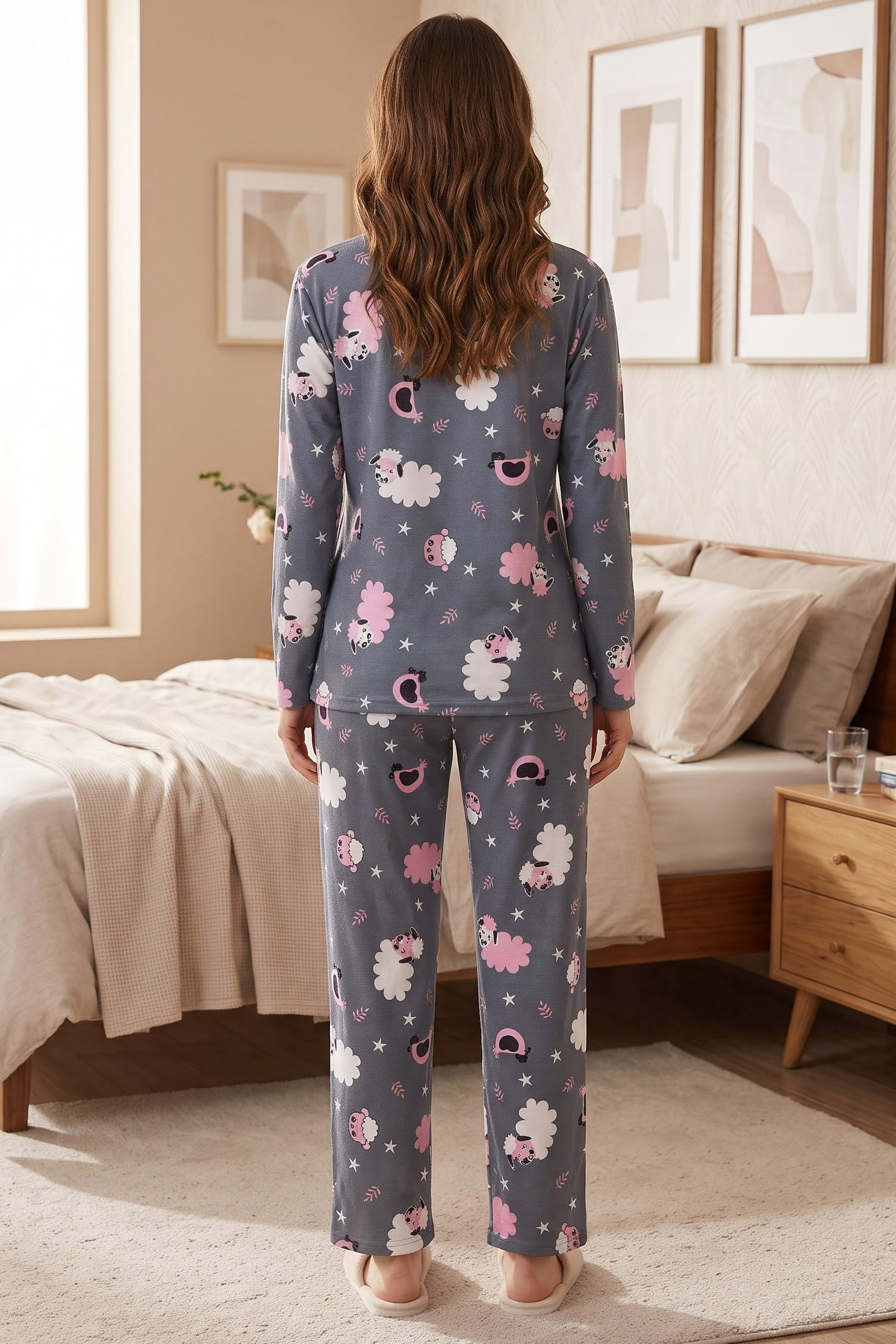 Baskılı Süet Pijama Takımı Füme - 40508-FUME - 2