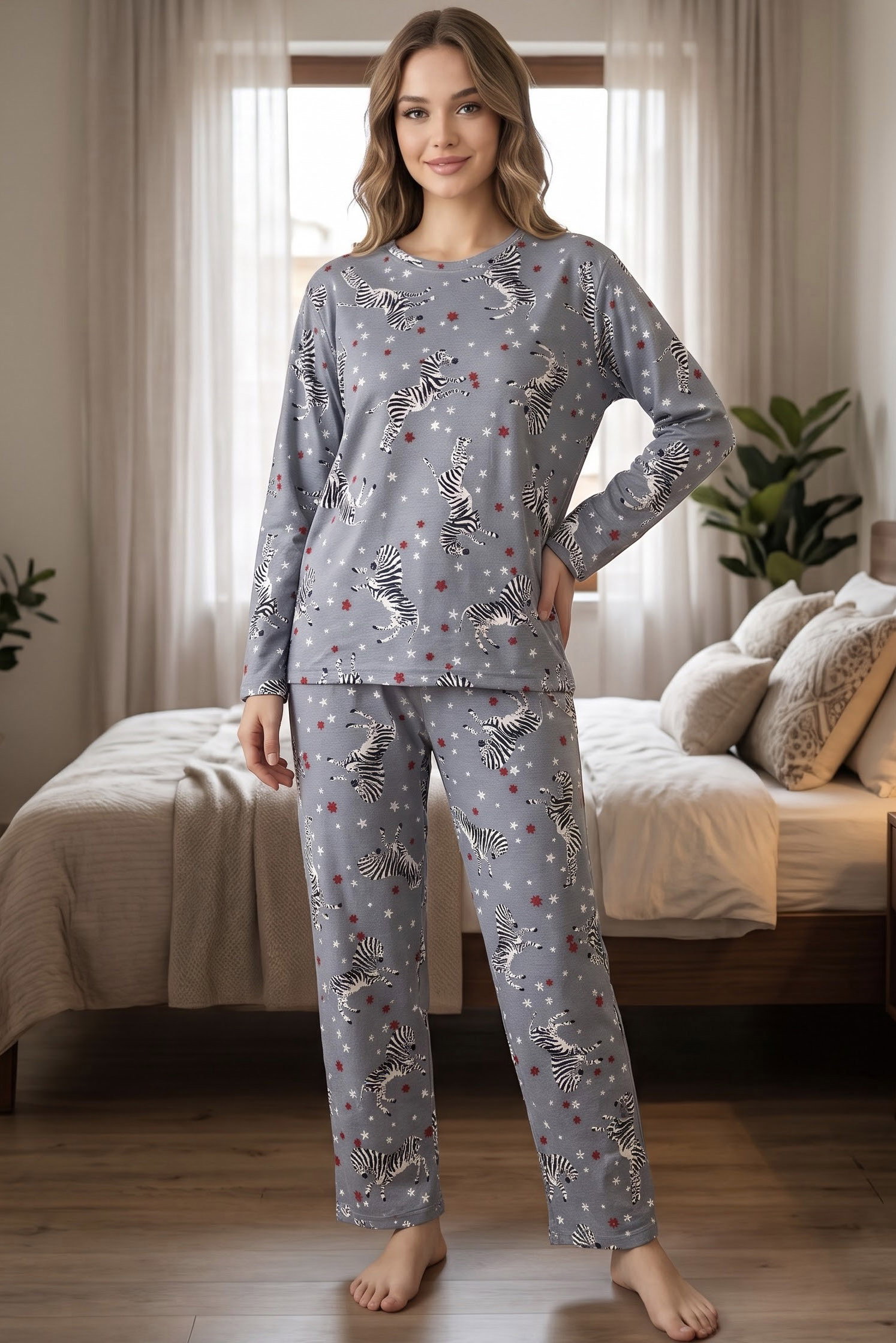 Baskılı Süet Pijama Takımı Gri - 40506-GRI - 1