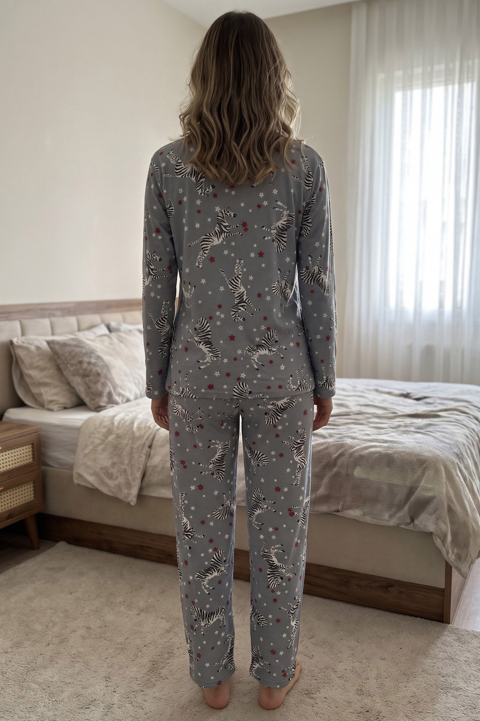 Baskılı Süet Pijama Takımı Gri - 40506-GRI - 2