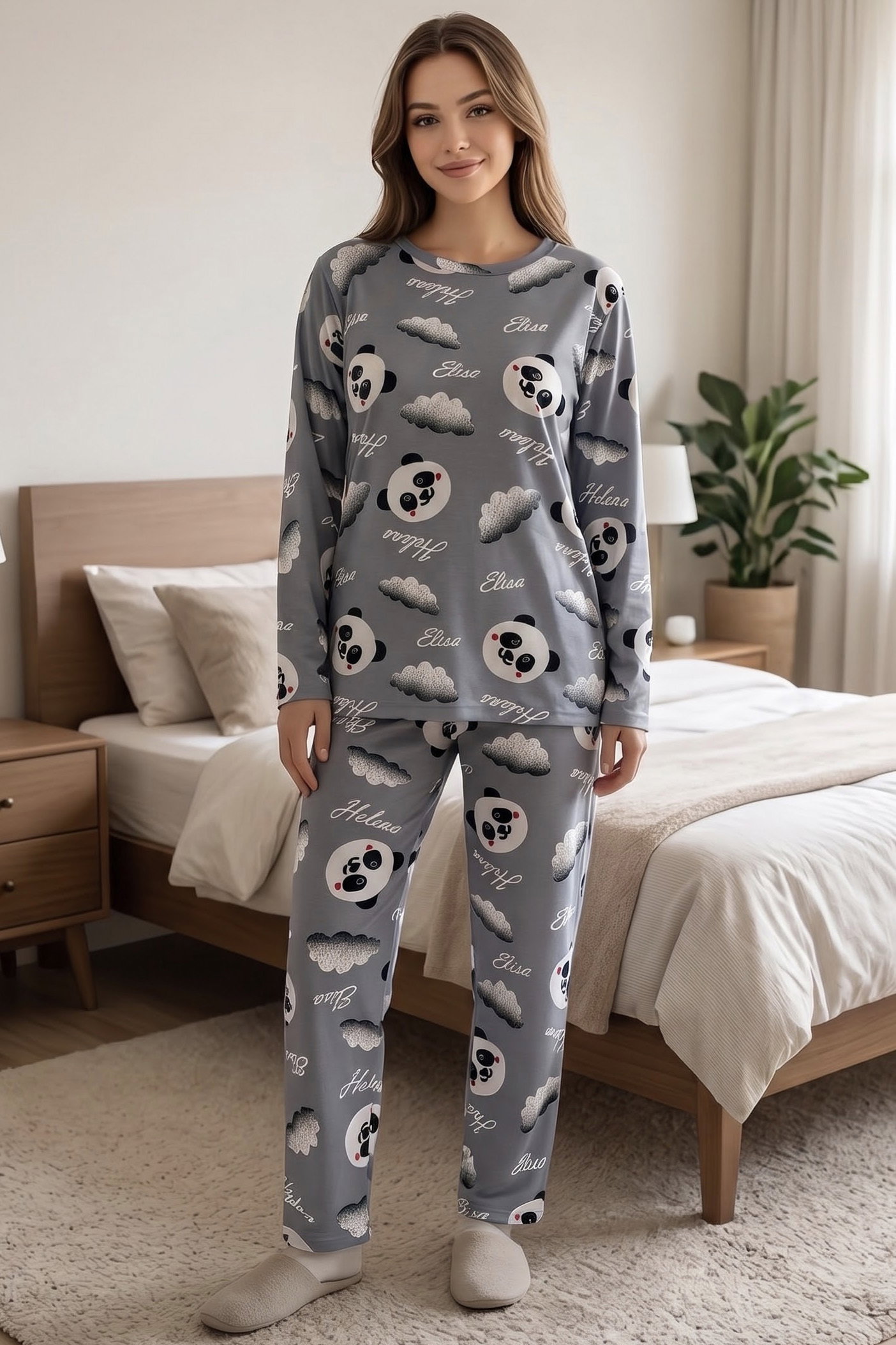 Baskılı Süet Pijama Takımı Gri - 40507-GRI - 1