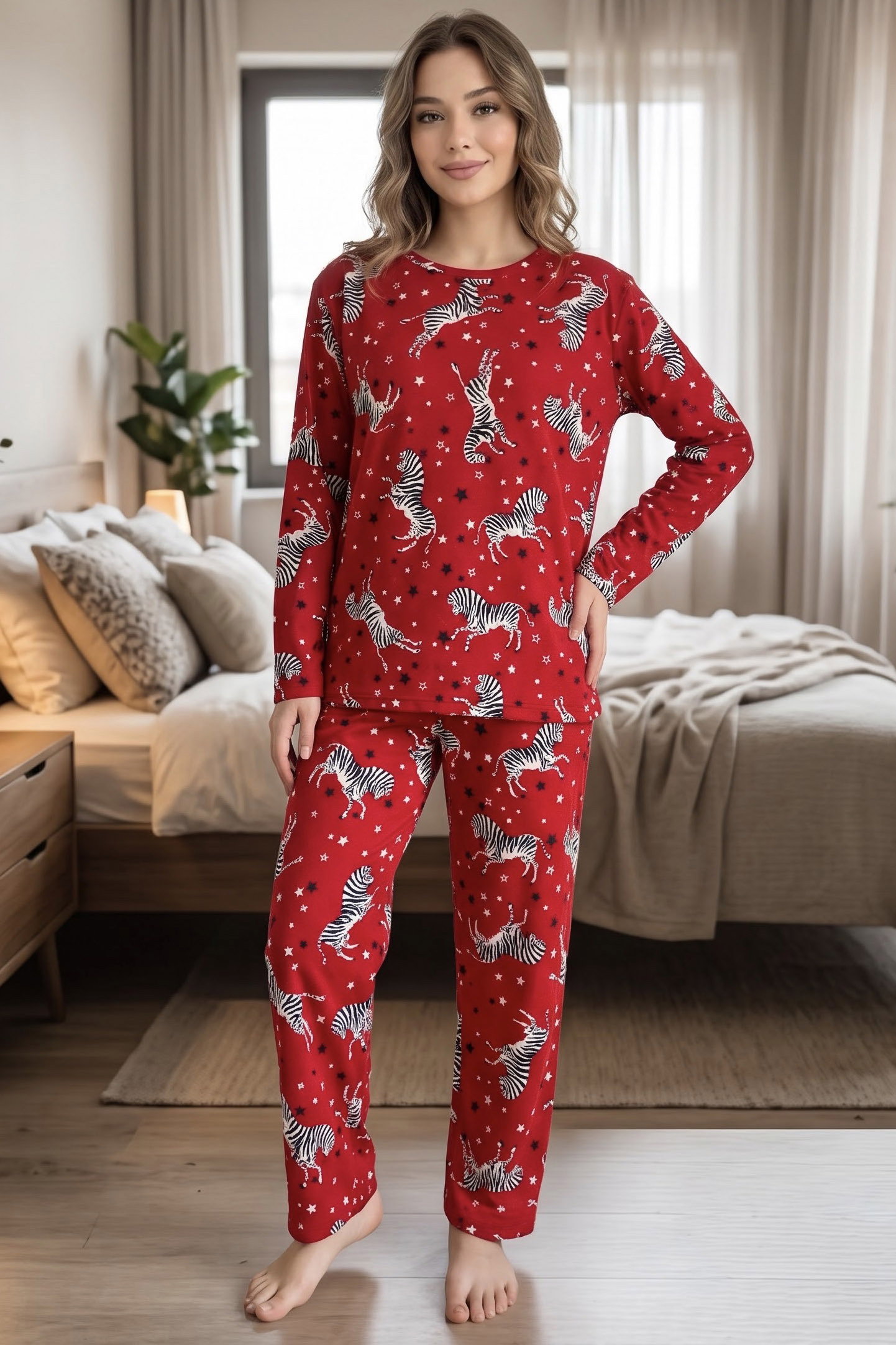 Baskılı Süet Pijama Takımı Kirmizi - 40506-KIRMIZI - 1