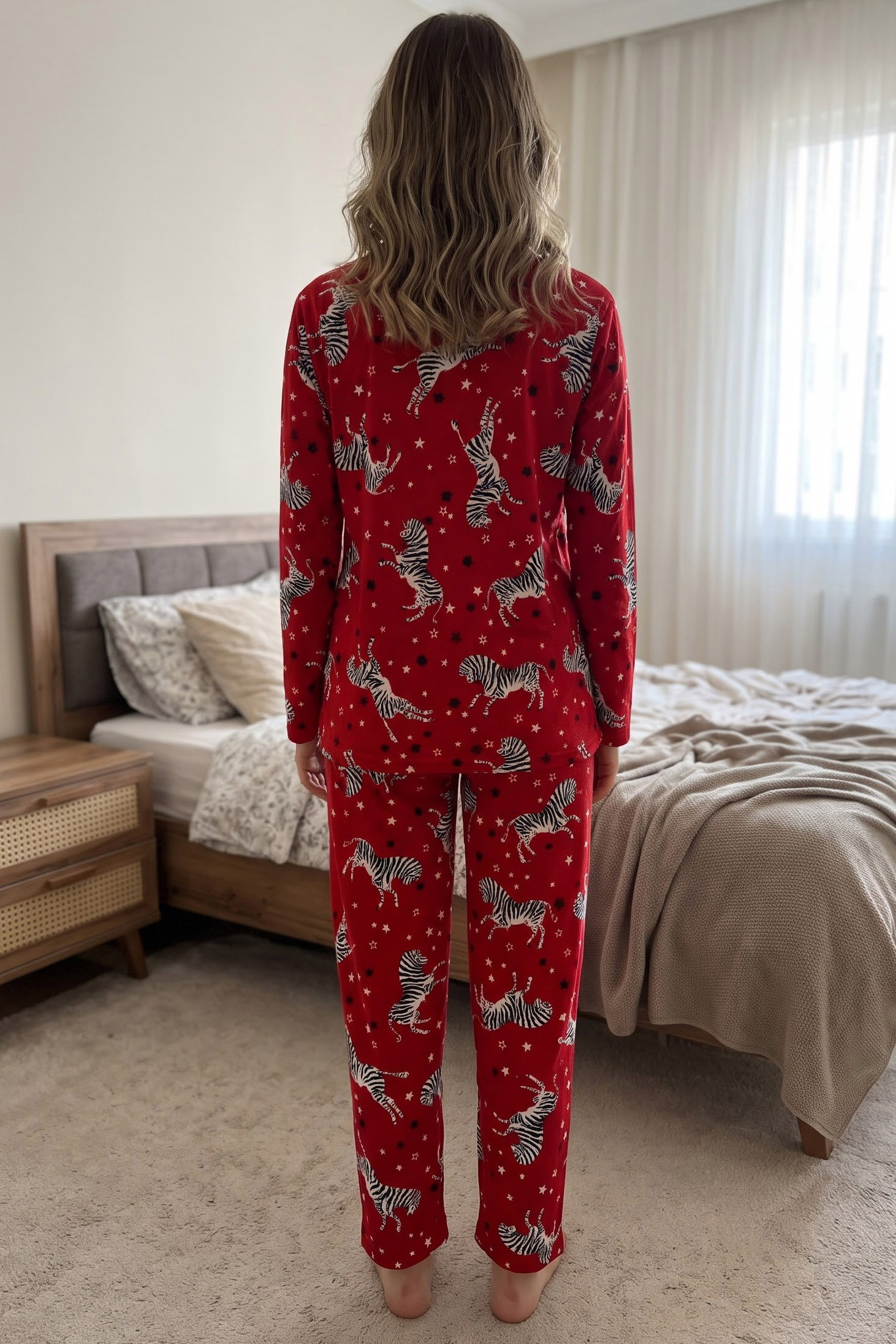 Baskılı Süet Pijama Takımı Kirmizi - 40506-KIRMIZI - 2