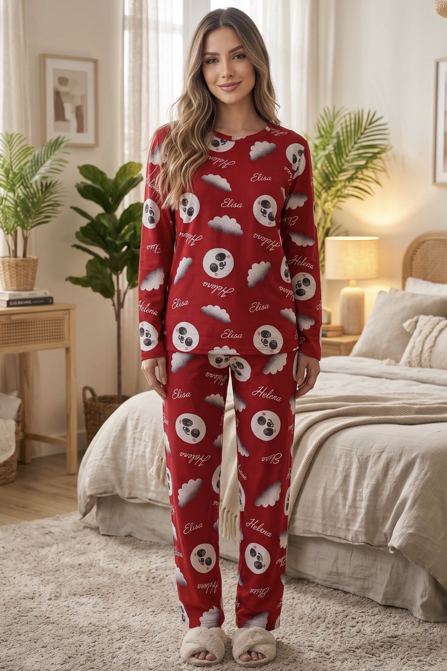 Baskılı Süet Pijama Takımı Kirmizi - 40507-KIRMIZI - 1