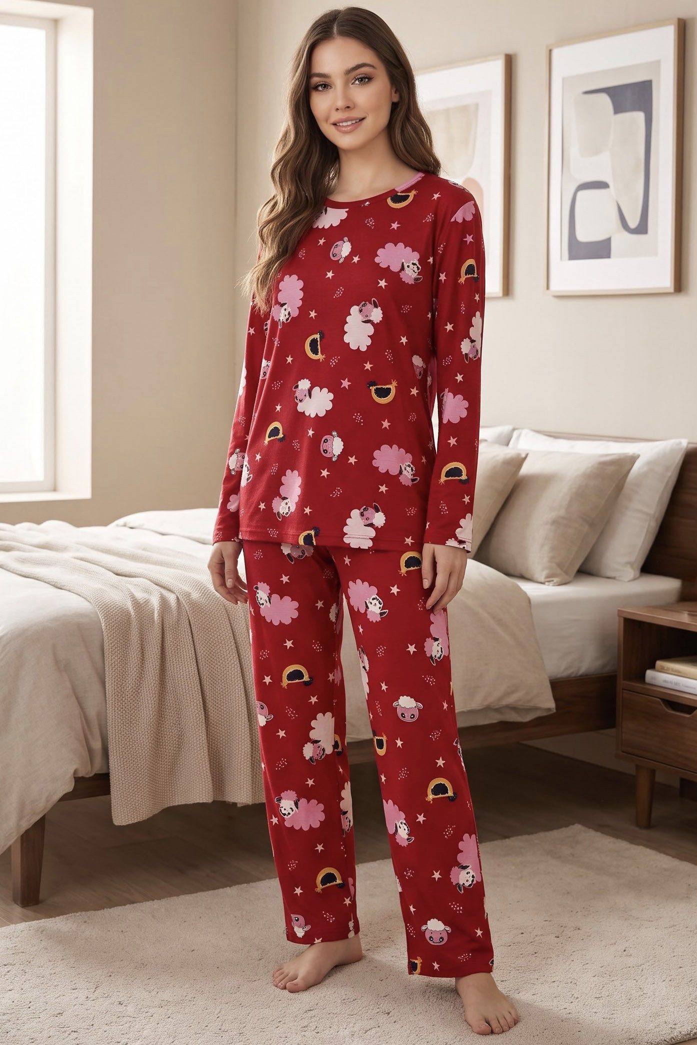 Baskılı Süet Pijama Takımı Kirmizi - 40508-KIRMIZI - 1