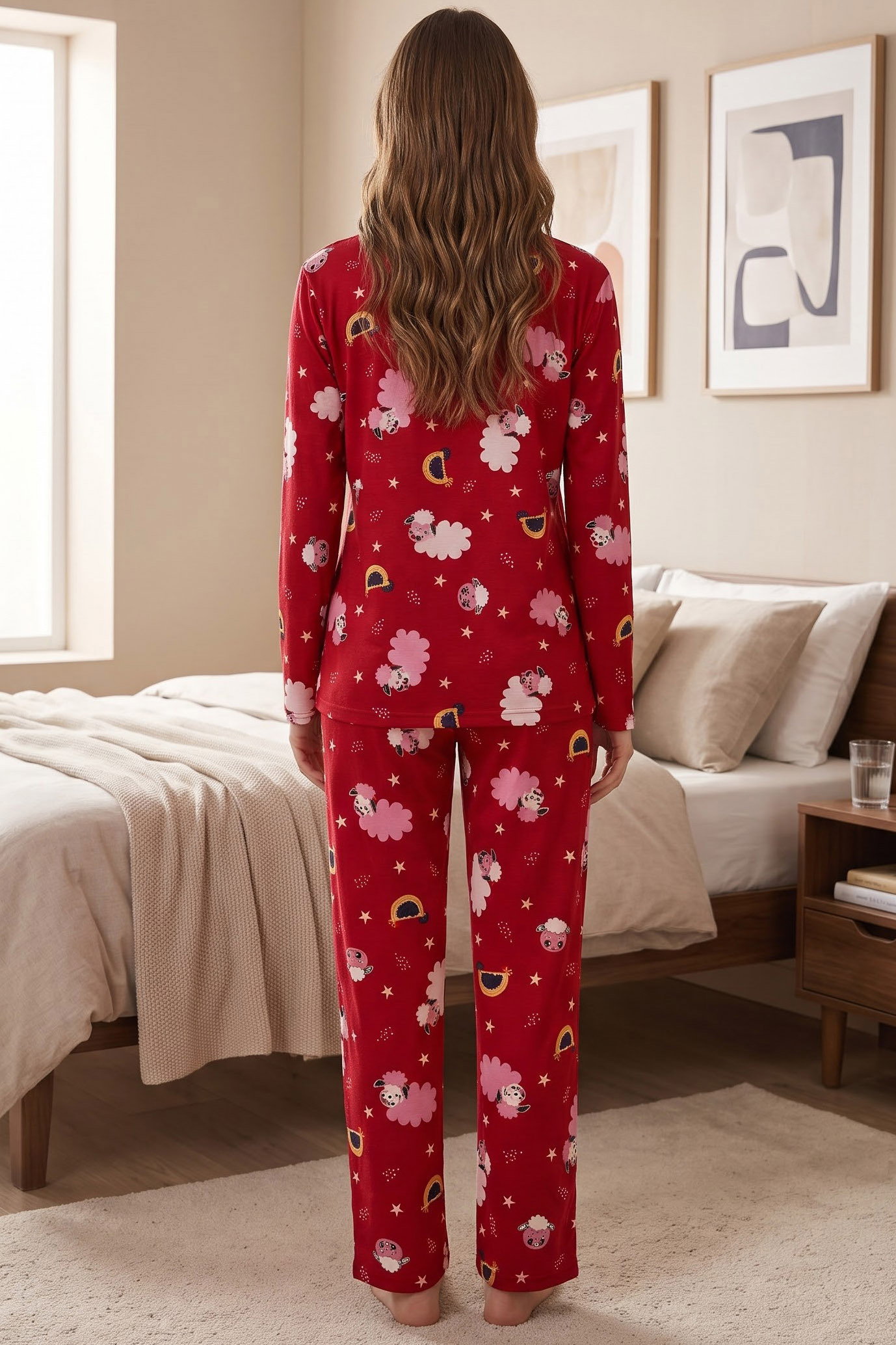 Baskılı Süet Pijama Takımı Kirmizi - 40508-KIRMIZI - 2