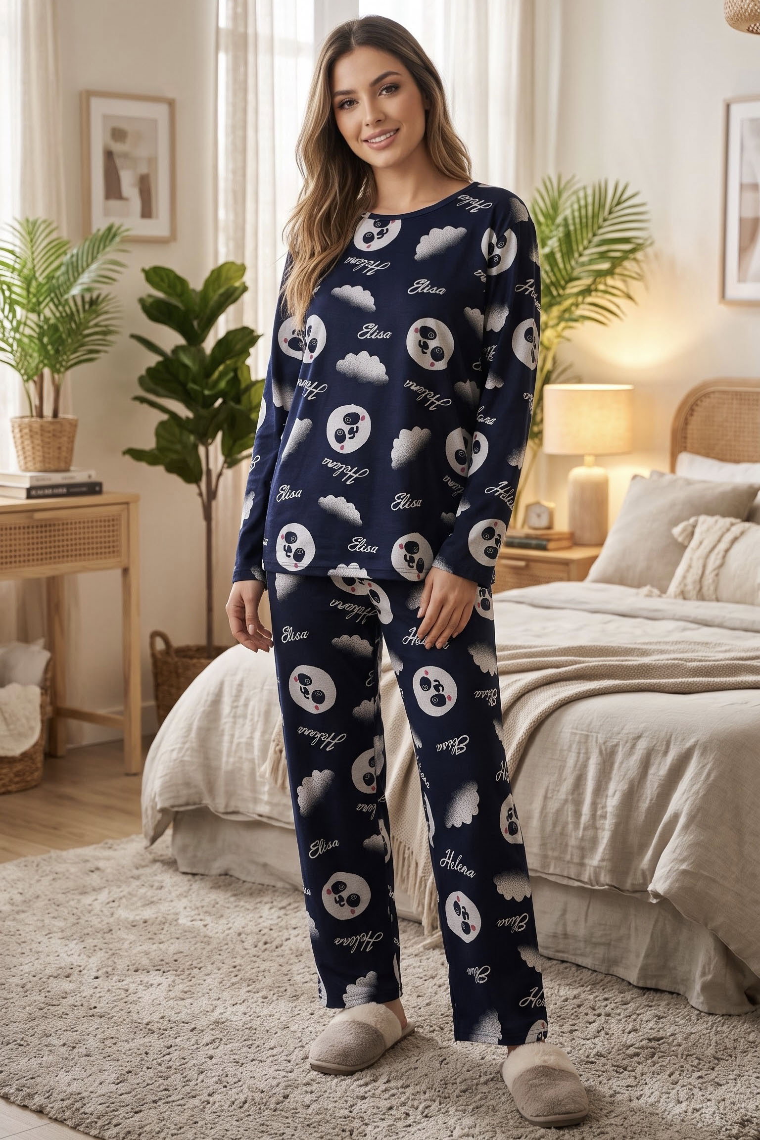 Baskılı Süet Pijama Takımı Lacivert - 40507-LACIVERT - 1