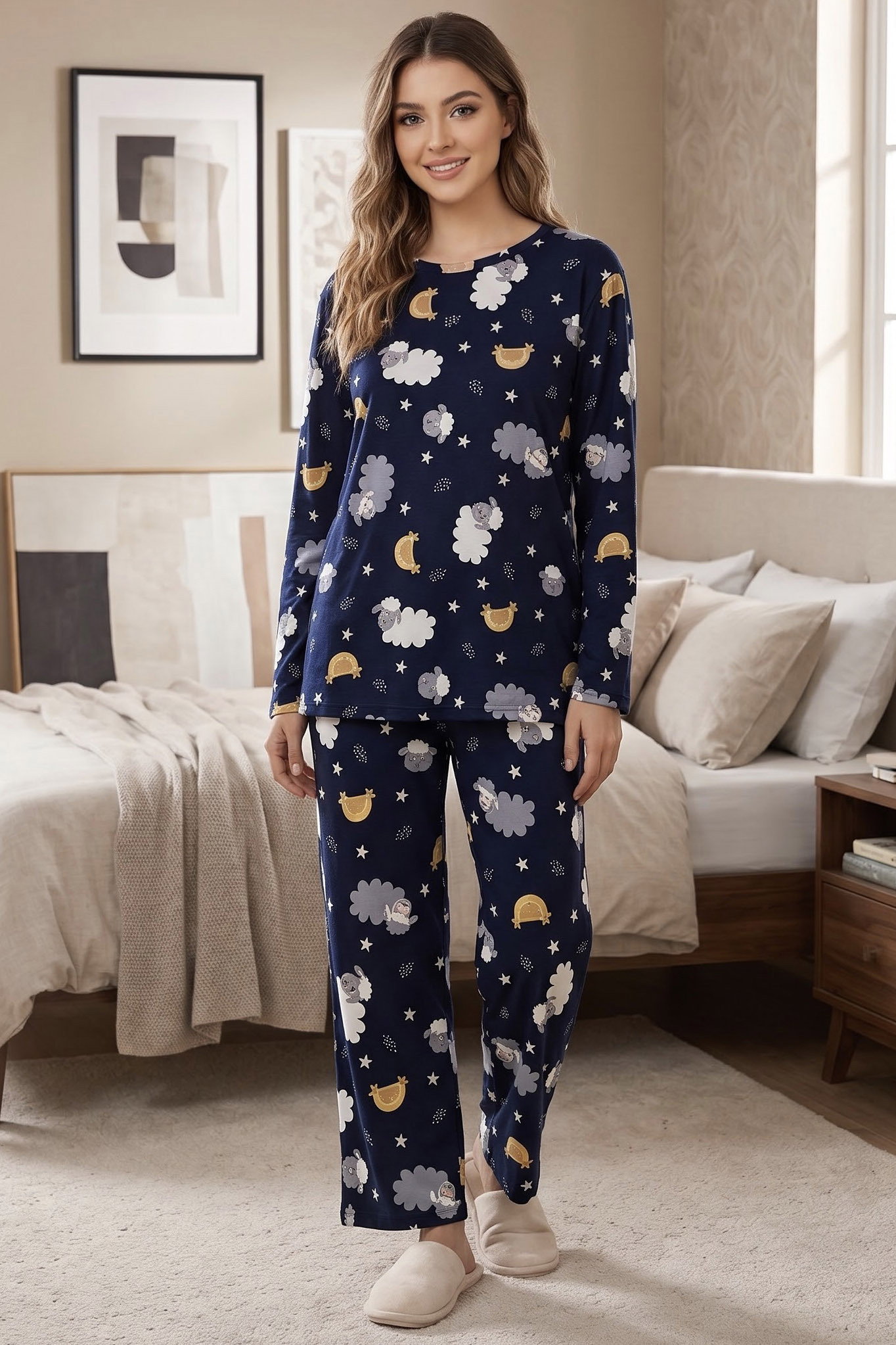 Baskılı Süet Pijama Takımı Lacivert - 40508-LACIVERT - 1