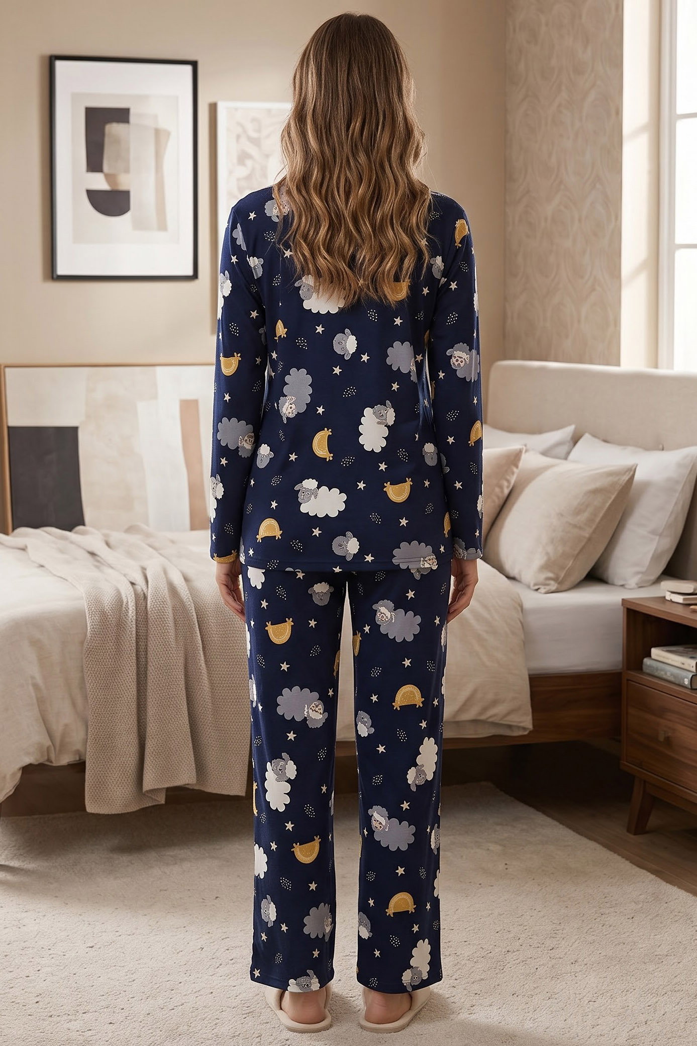 Baskılı Süet Pijama Takımı Lacivert - 40508-LACIVERT - 2