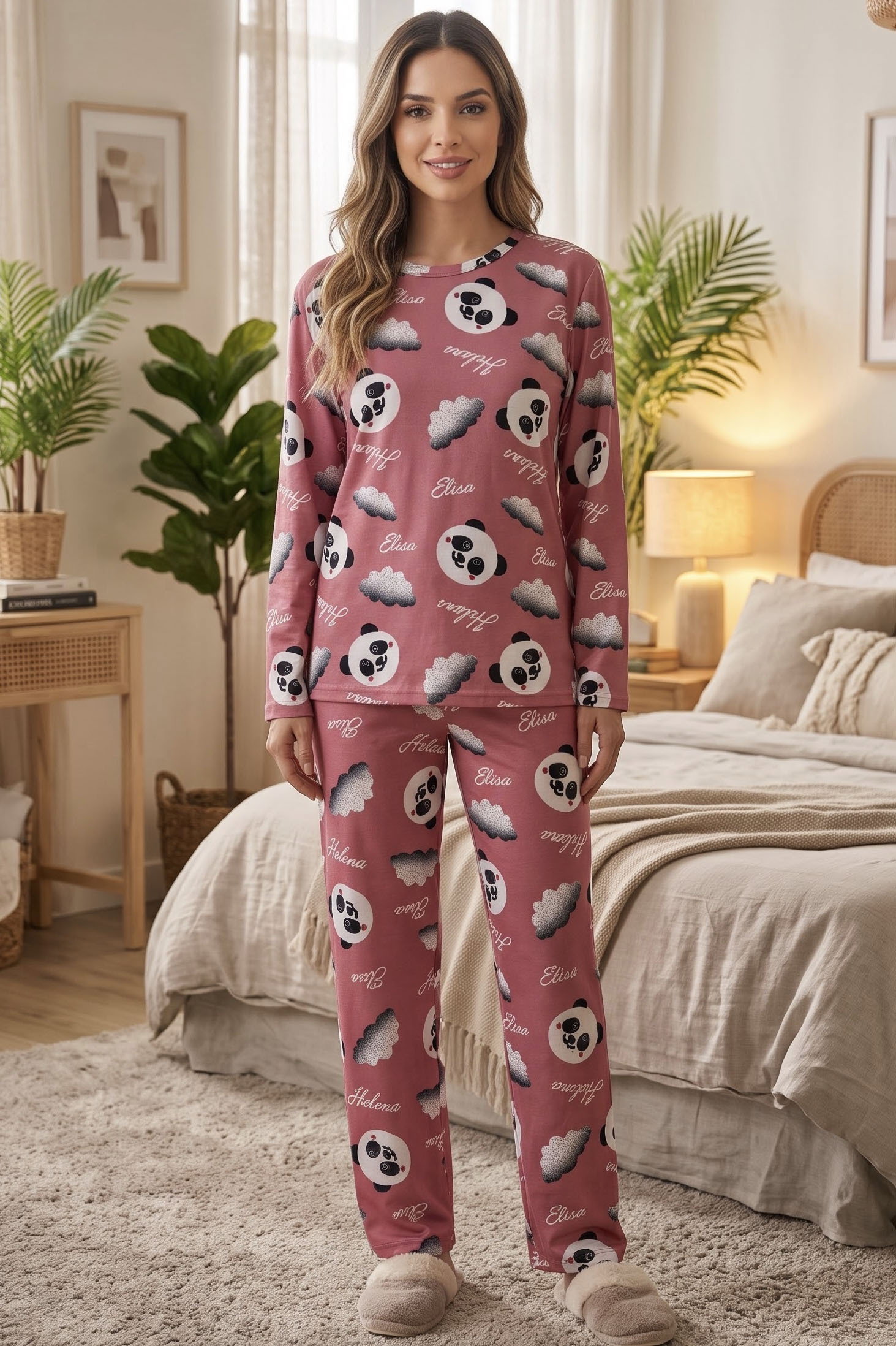Baskılı Süet Pijama Takımı Pembe - 40507-PEMBE - 1