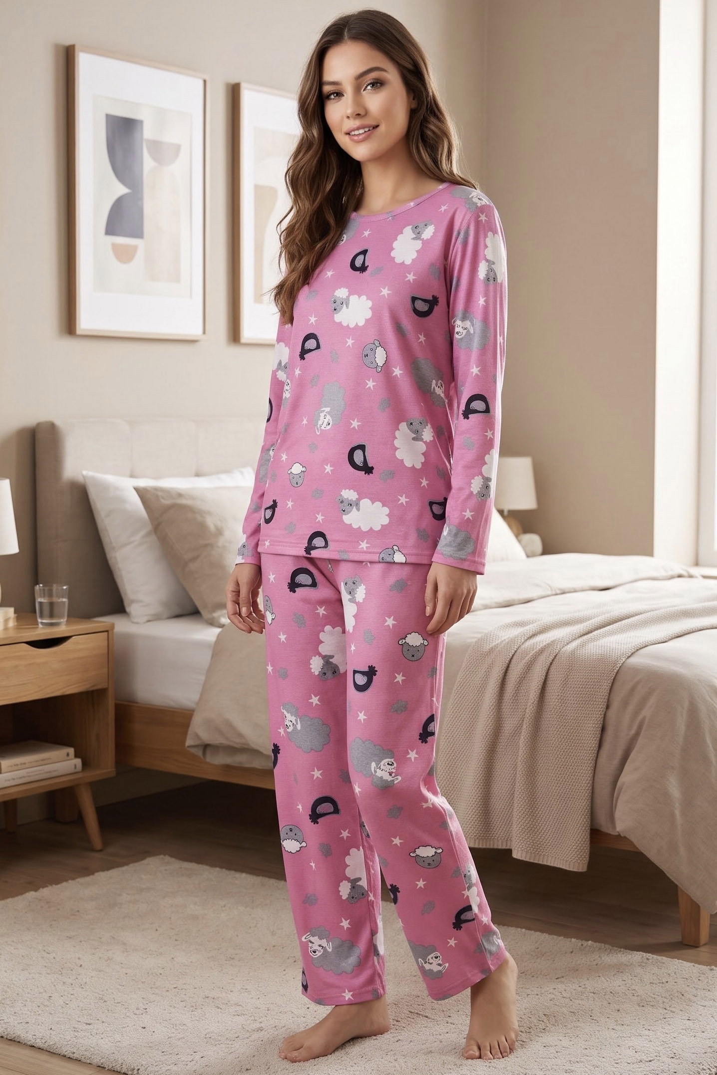 Baskılı Süet Pijama Takımı Pembe - 40508-PEMBE - 1