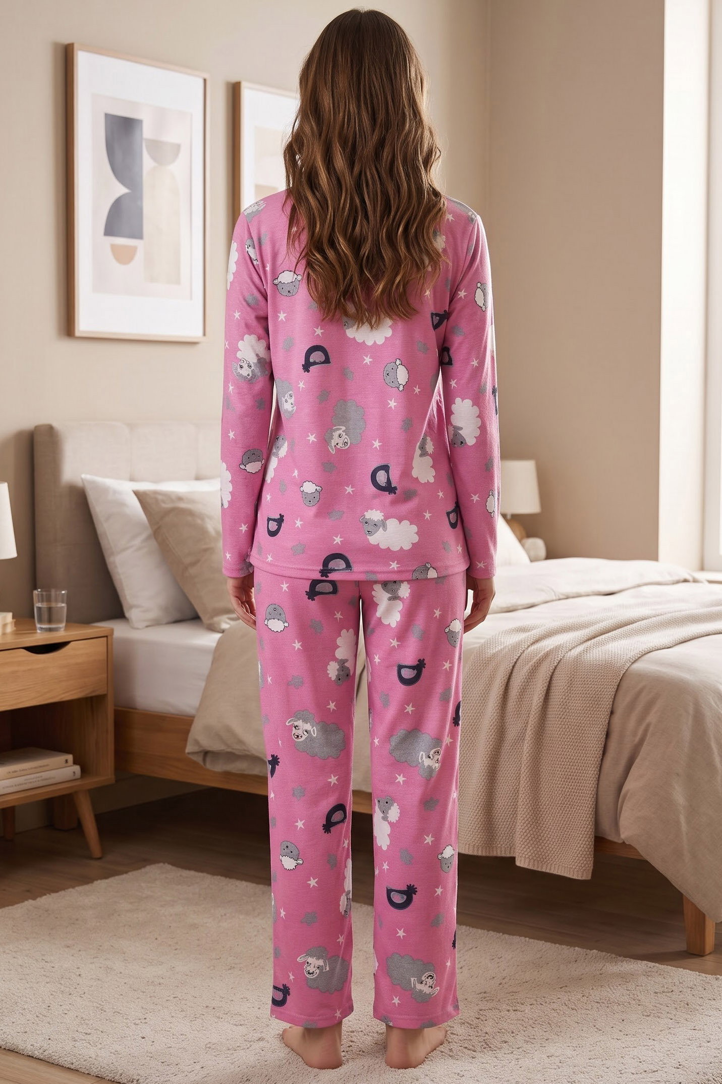 Baskılı Süet Pijama Takımı Pembe - 40508-PEMBE - 2