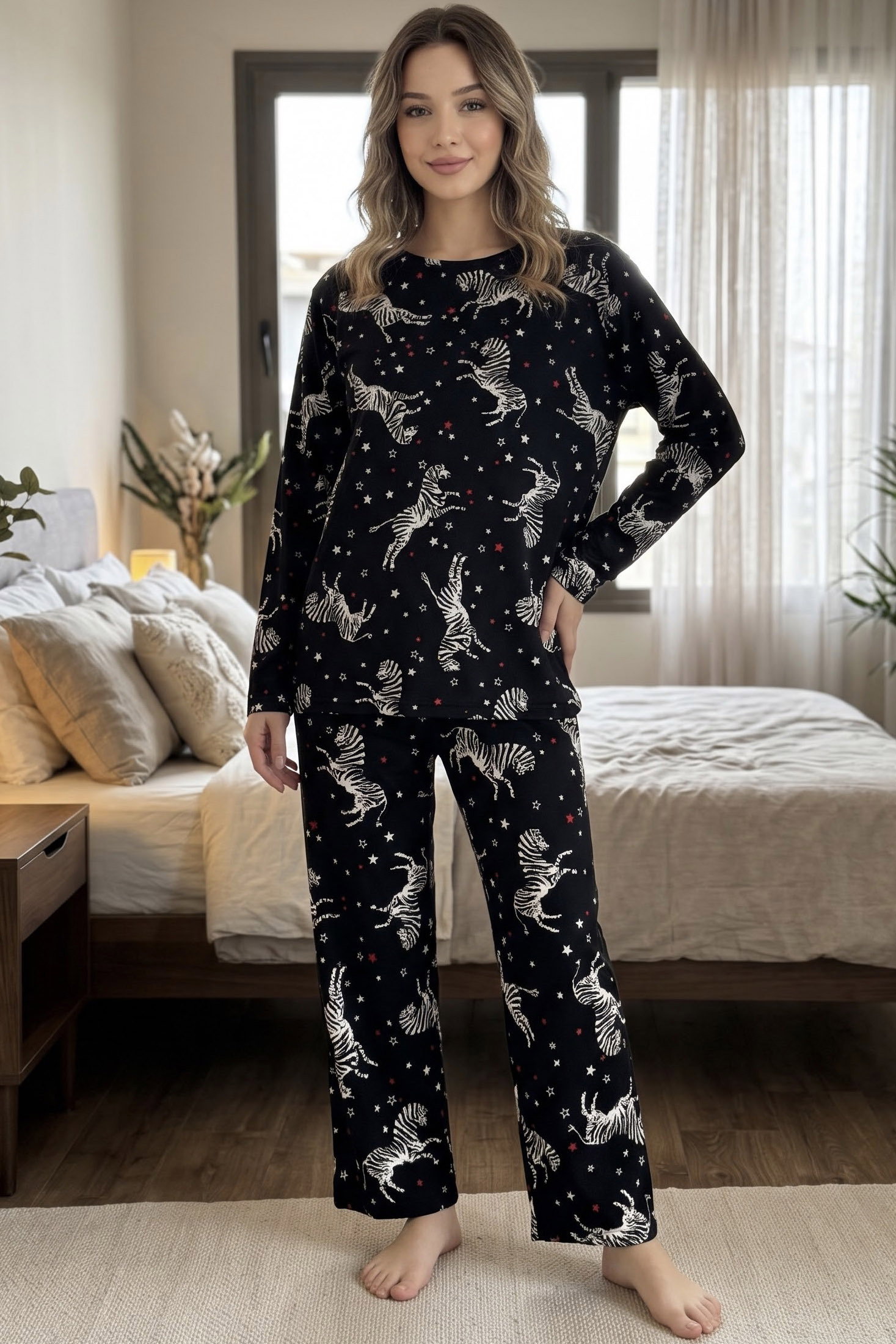 Baskılı Süet Pijama Takımı Siyah - 40506-SIYAH - 1