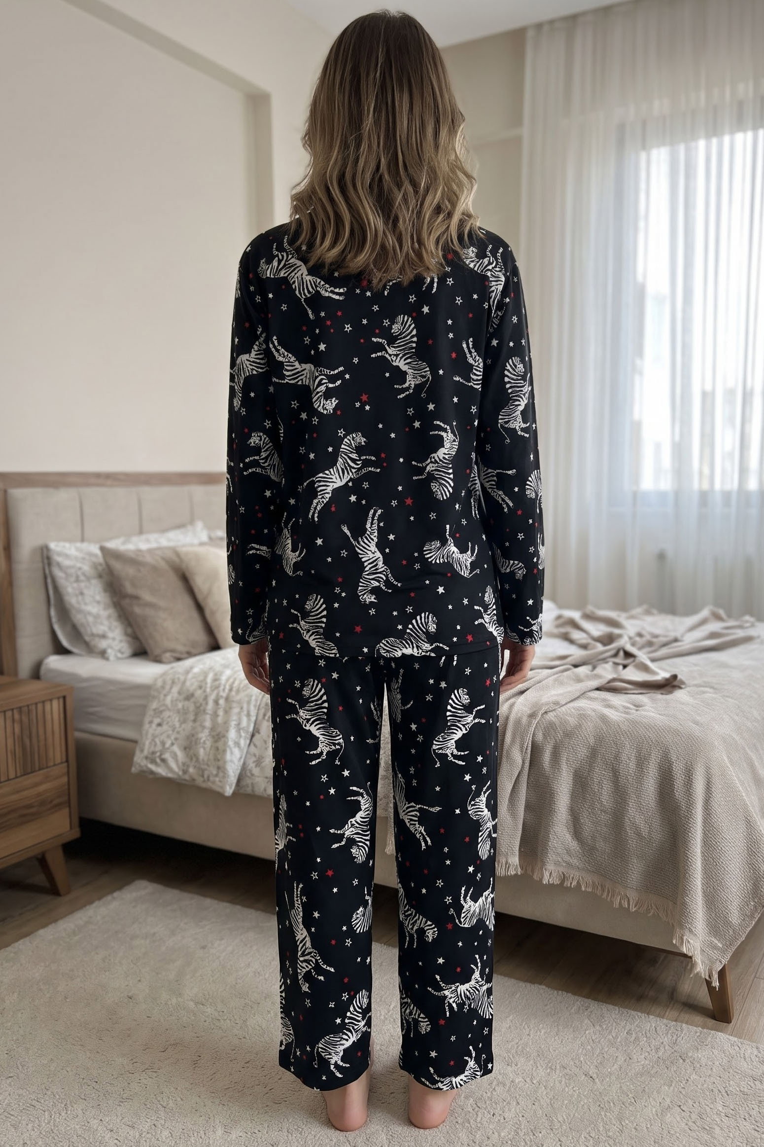 Baskılı Süet Pijama Takımı Siyah - 40506-SIYAH - 2
