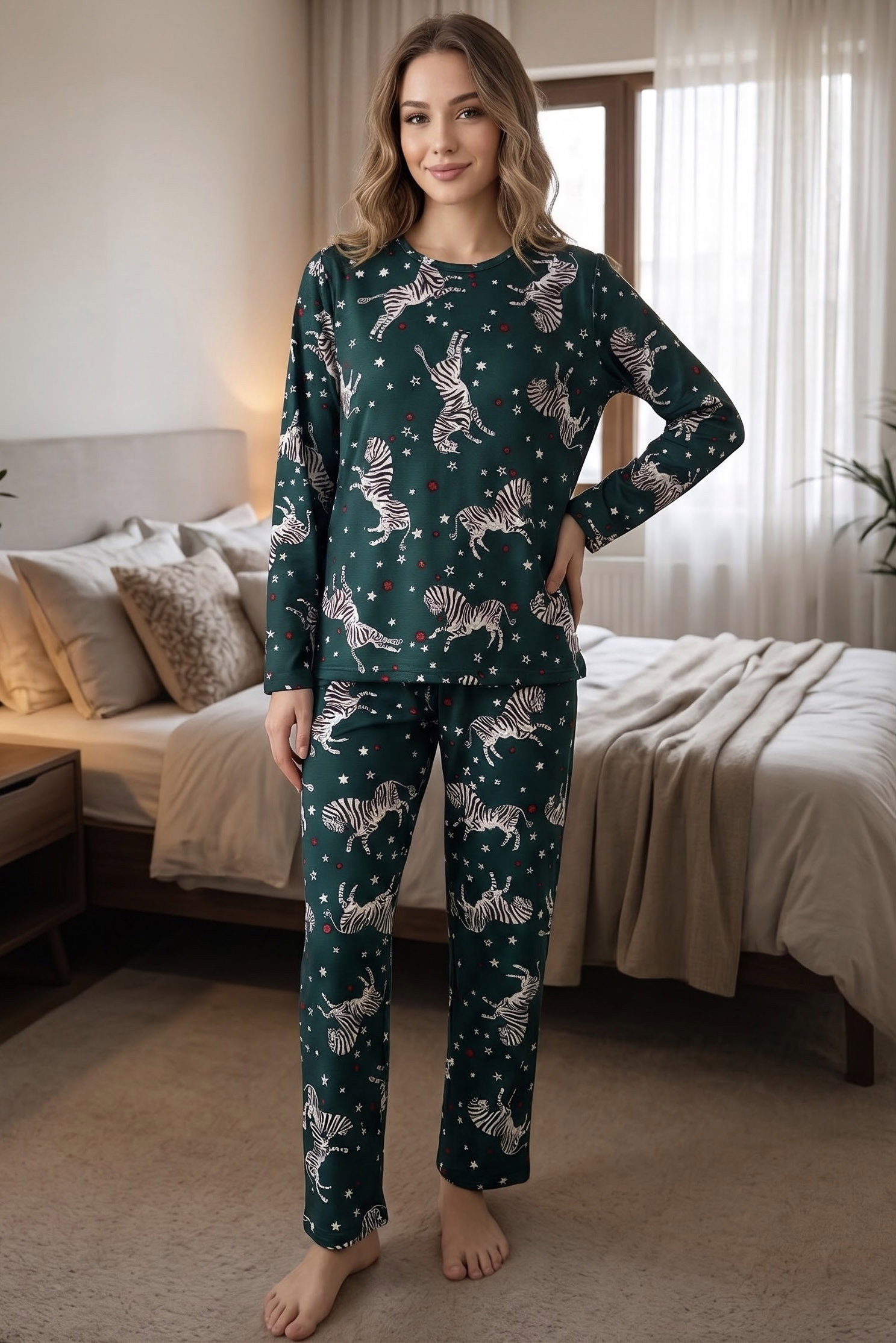 Baskılı Süet Pijama Takımı Zümrüt - 40506-ZUMRUT - 1