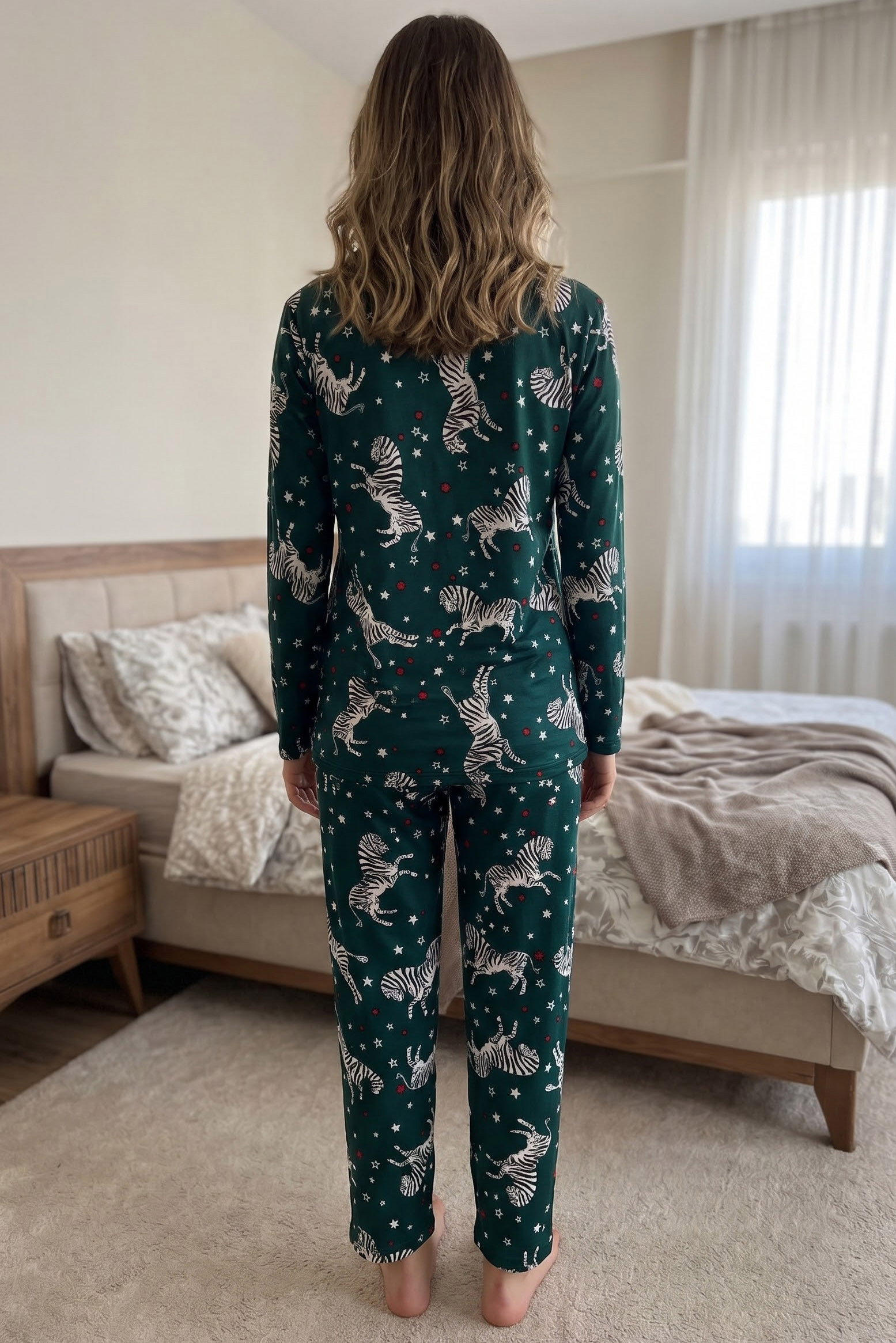Baskılı Süet Pijama Takımı Zümrüt - 40506-ZUMRUT - 2