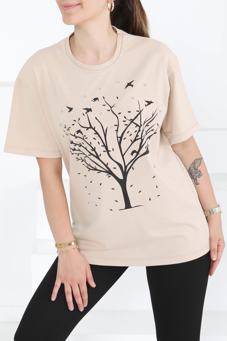 Baskılı Taşlı T-Şhirt Bej - 27375 - TOFİSA