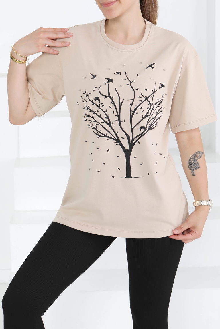 Baskılı Taşlı T-Şhirt Bej - 27375 - TOFİSA