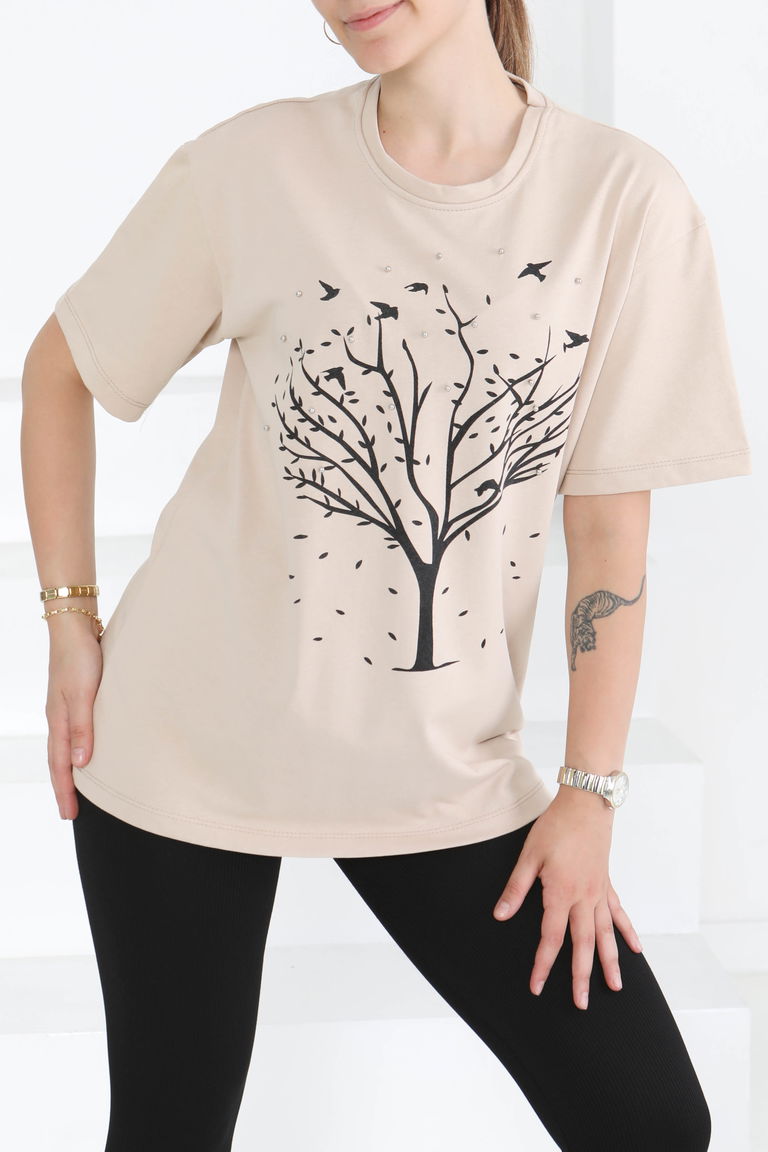 Baskılı Taşlı T-Şhirt Bej - 27375 - TOFİSA