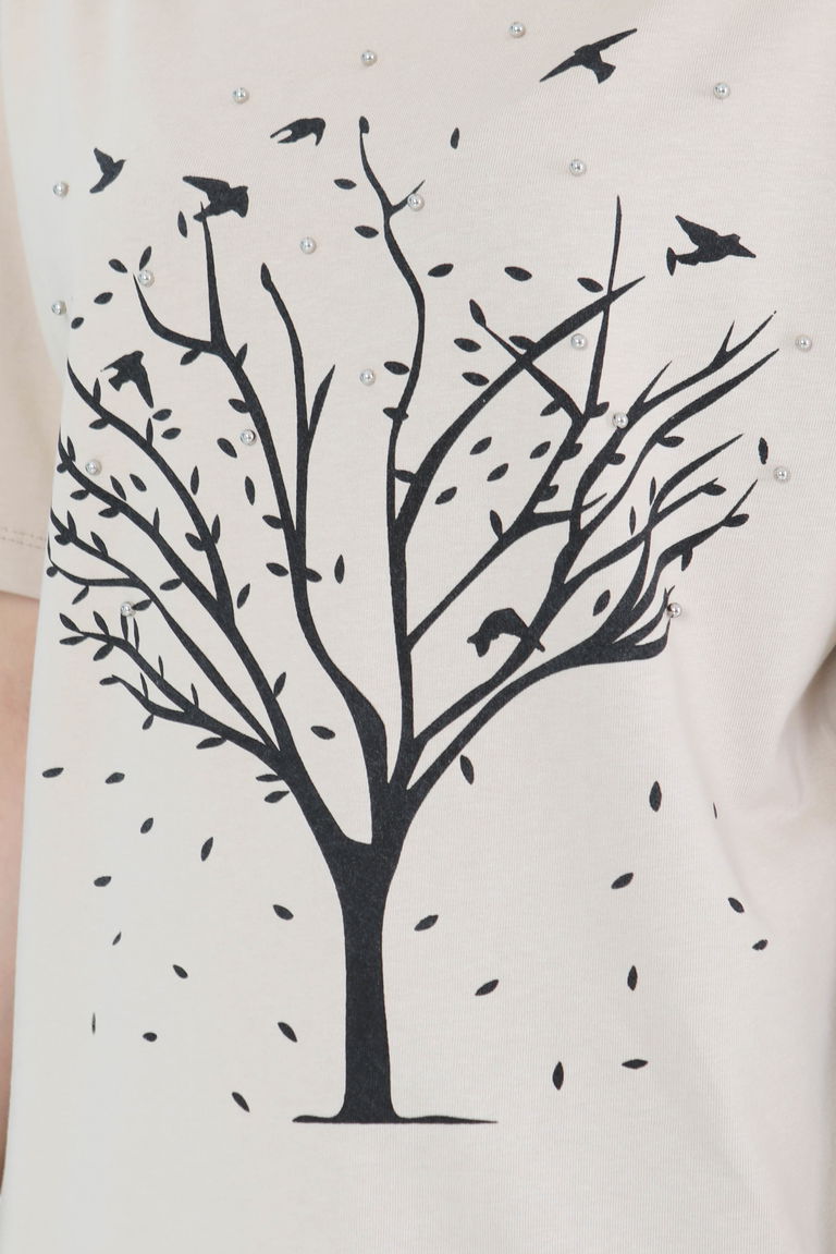 Baskılı Taşlı T-Şhirt Bej - 27375 - TOFİSA