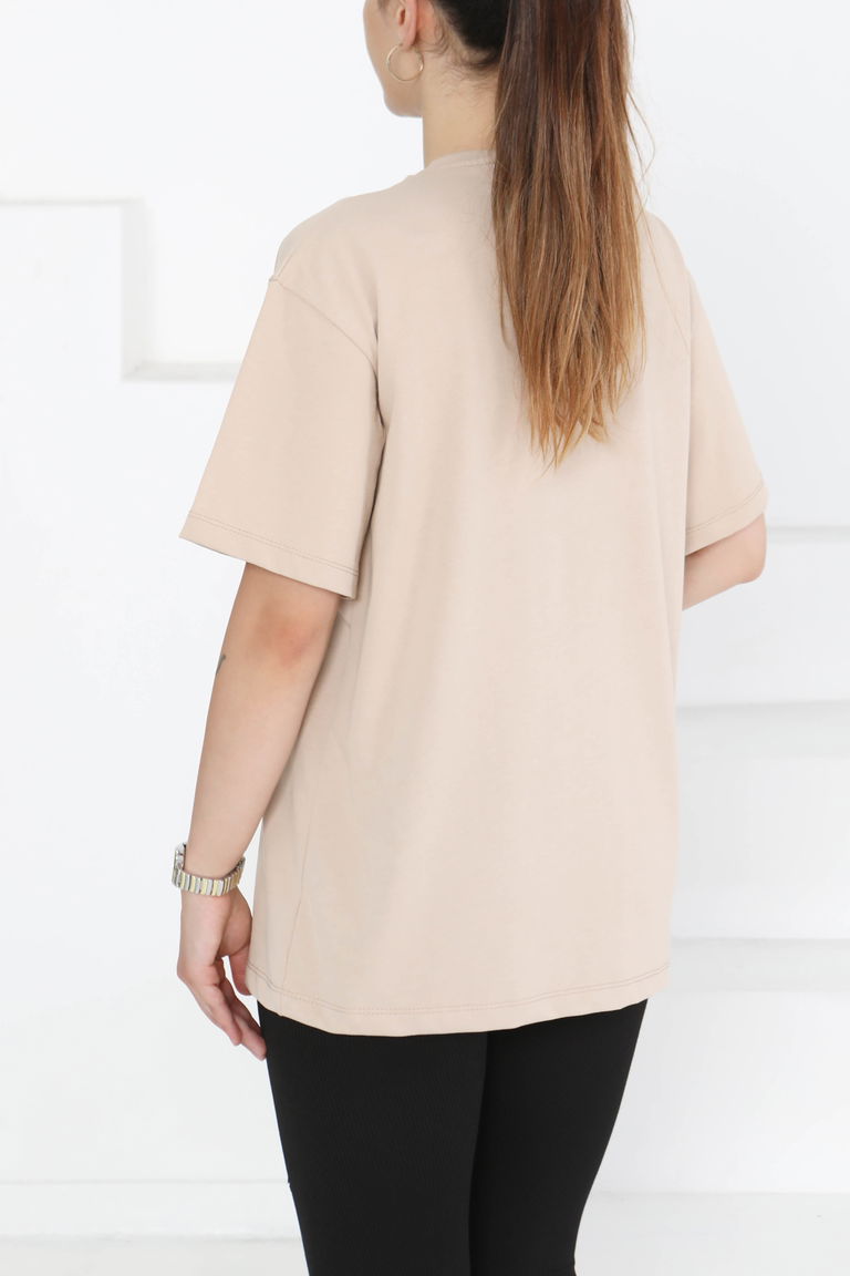 Baskılı Taşlı T-Şhirt Bej - 27375 - TOFİSA