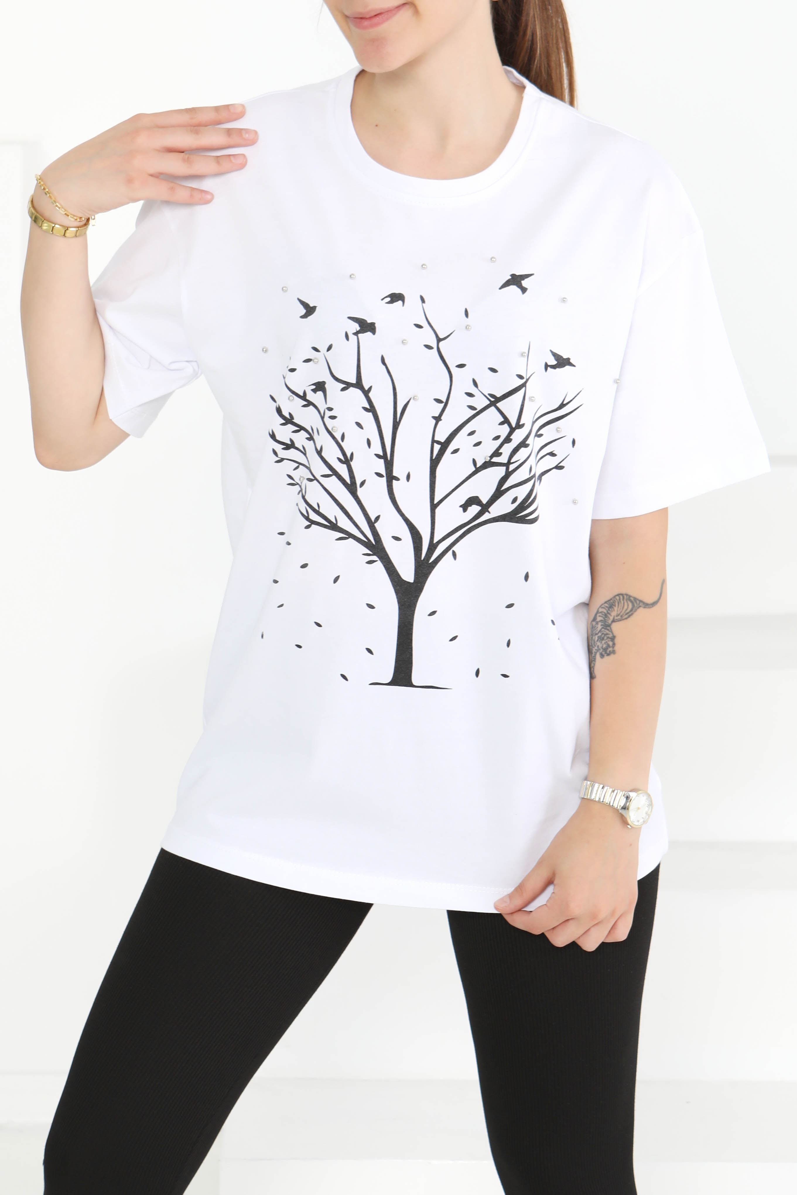 Baskılı Taşlı T-Şhirt Beyaz - 27375 - 1