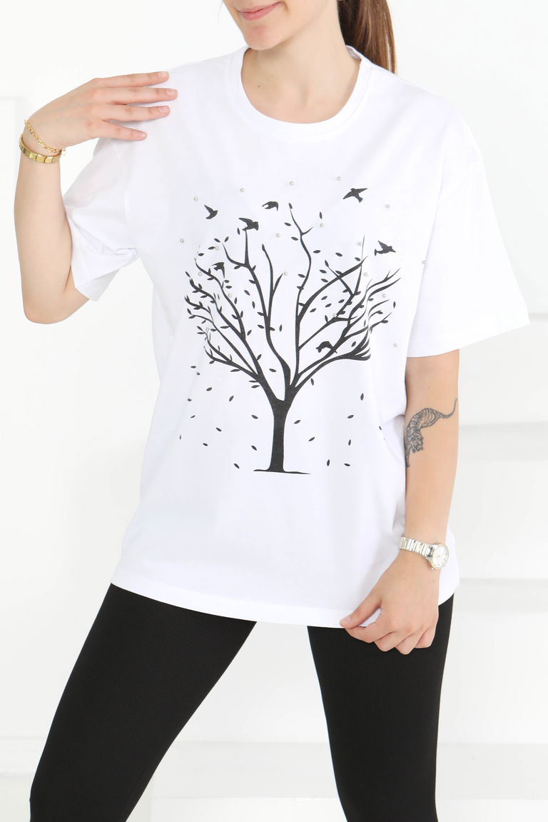 Baskılı Taşlı T-Şhirt Beyaz - 27375 - TOFİSA