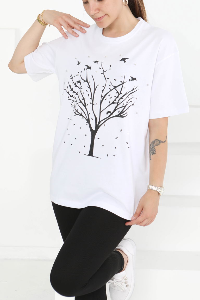 Baskılı Taşlı T-Şhirt Beyaz - 27375 - TOFİSA