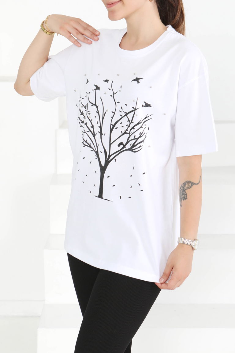 Baskılı Taşlı T-Şhirt Beyaz - 27375 - TOFİSA