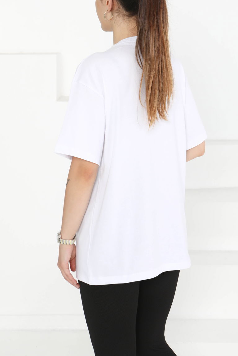 Baskılı Taşlı T-Şhirt Beyaz - 27375 - TOFİSA