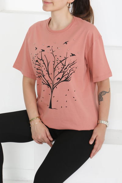 Baskılı Taşlı T-Şhirt Gül - 27375 