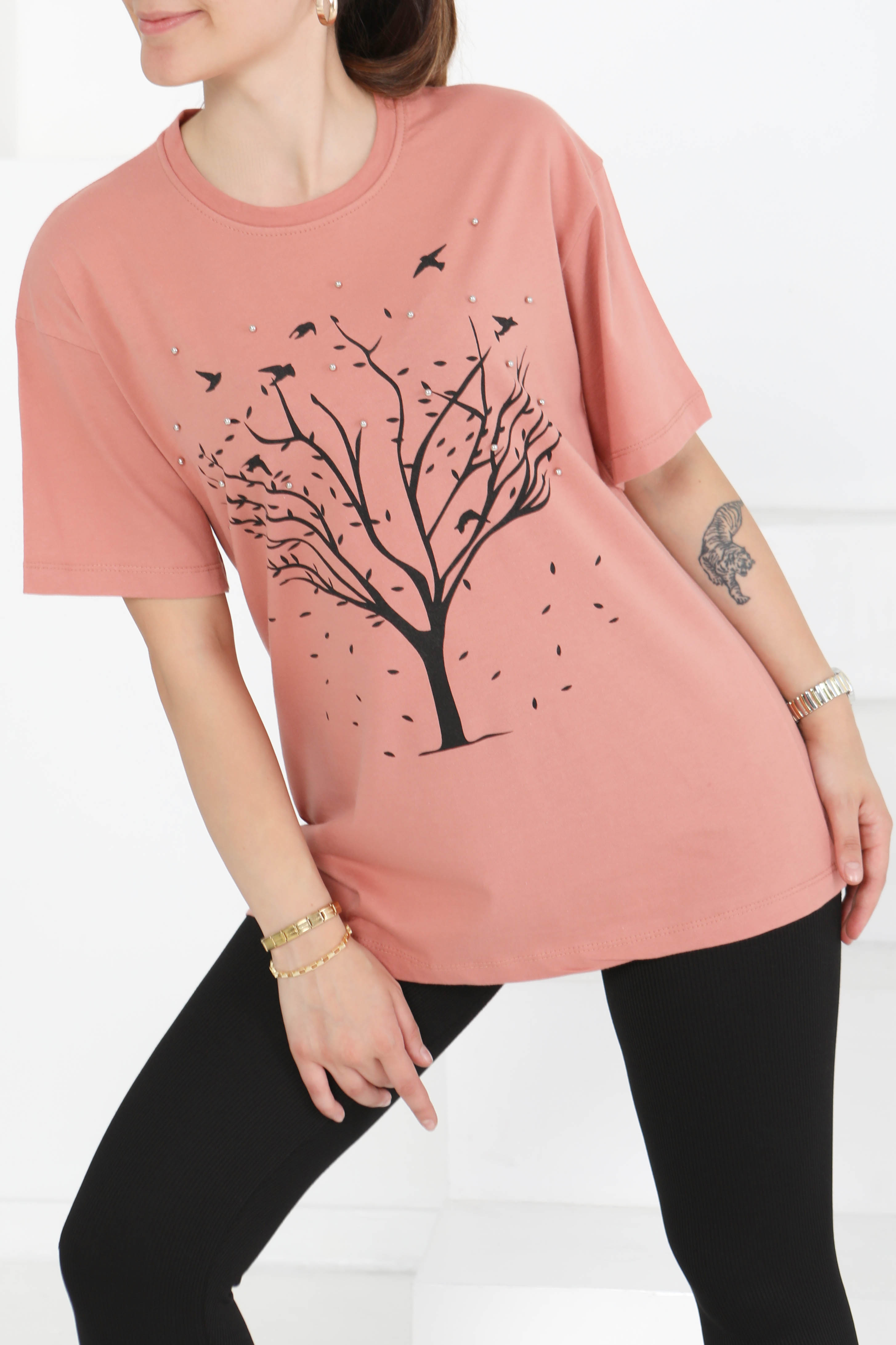 Baskılı Taşlı T-Şhirt Gül - 27375 - 3