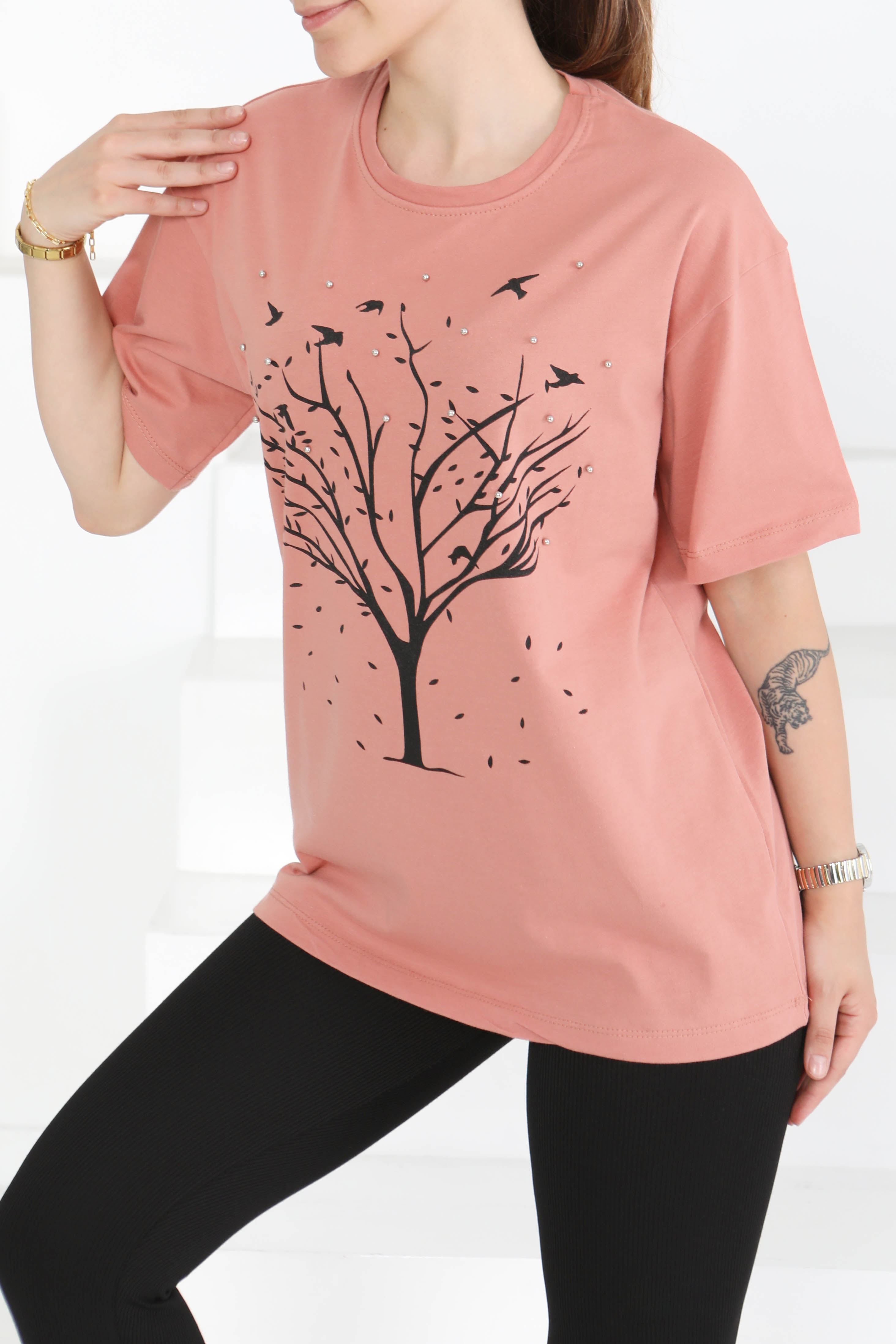 Baskılı Taşlı T-Şhirt Gül - 27375 - 4