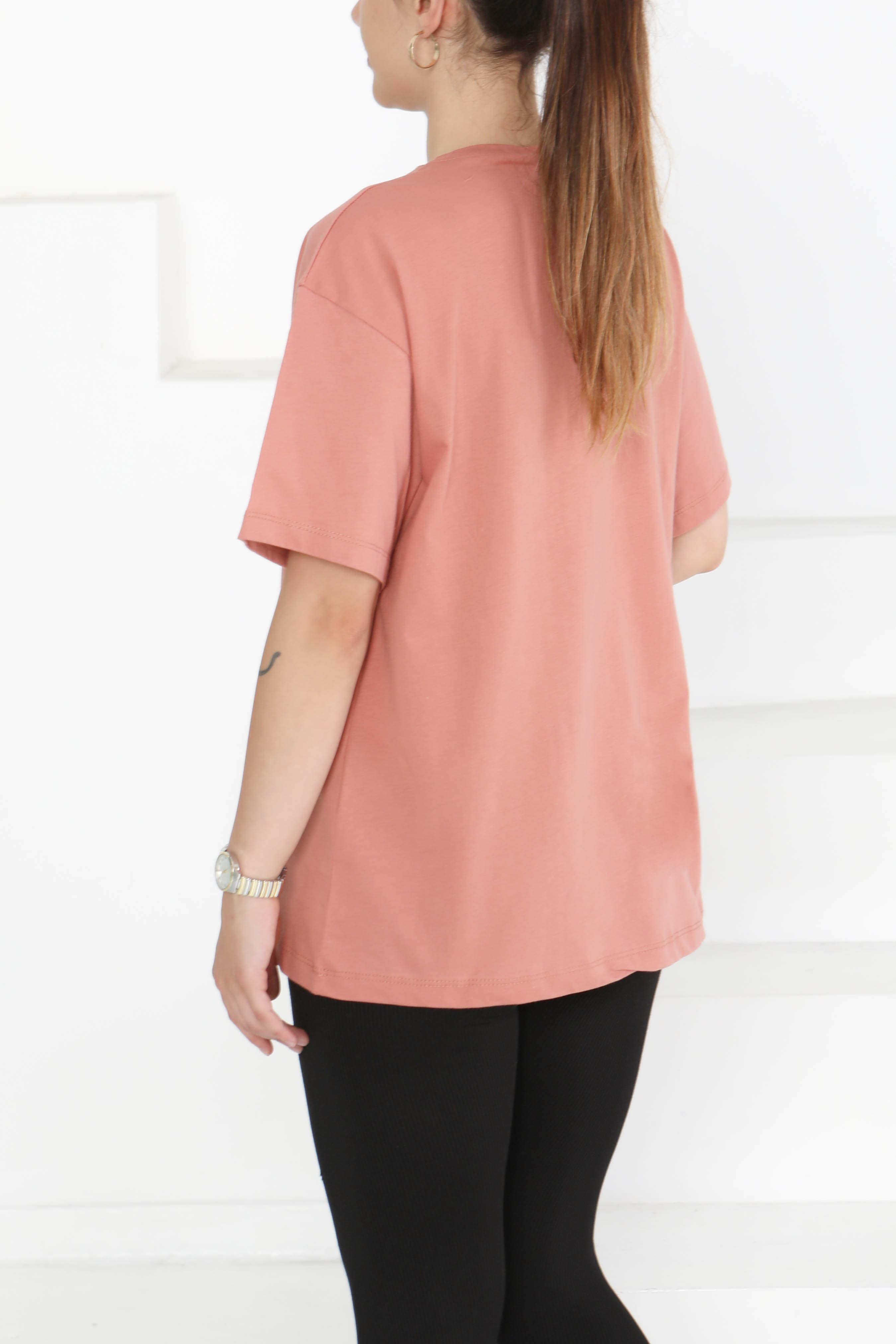 Baskılı Taşlı T-Şhirt Gül - 27375 - 6