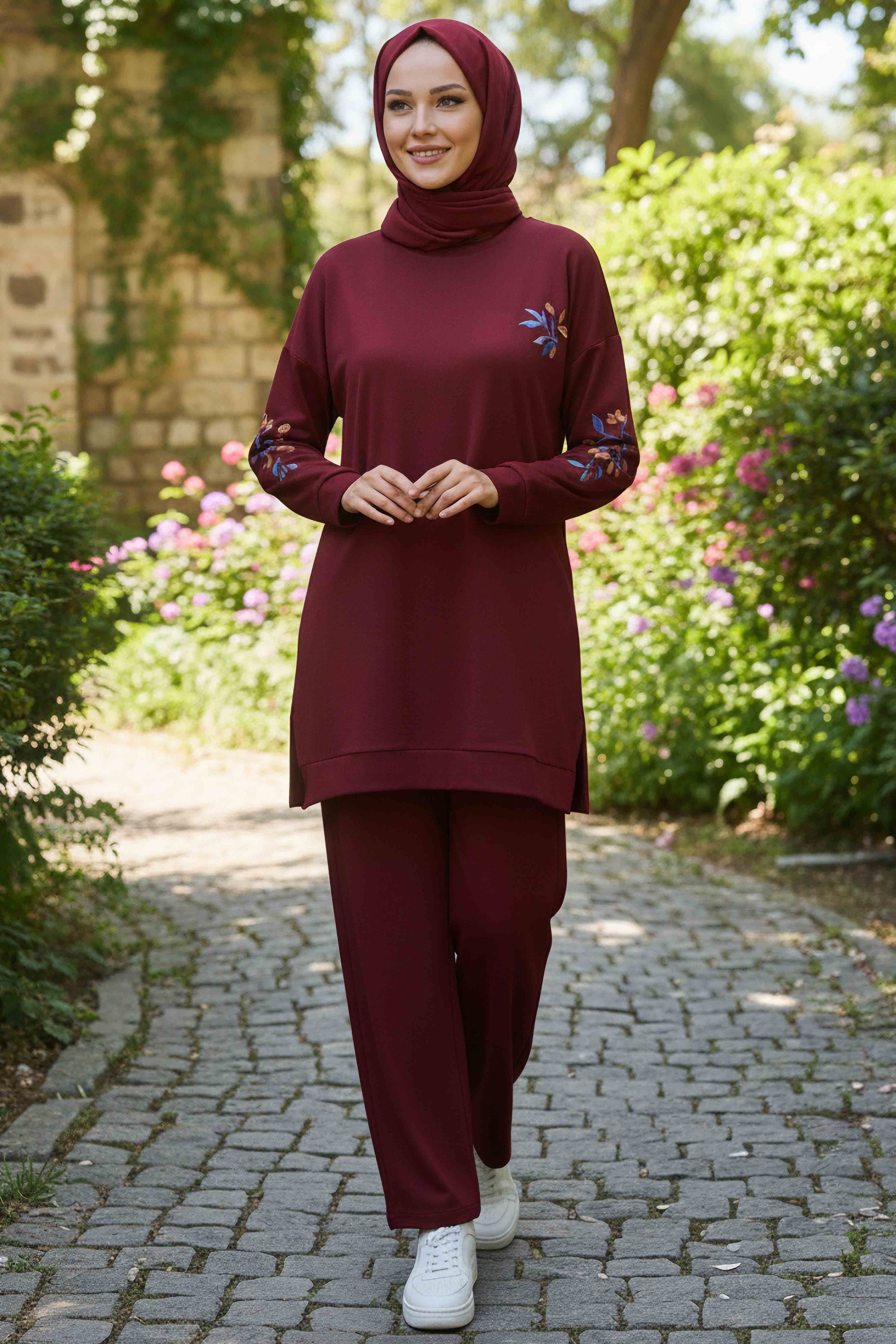 Baskılı Yırtmaçlı İki İplik Takım - 2065-BORDO - 1