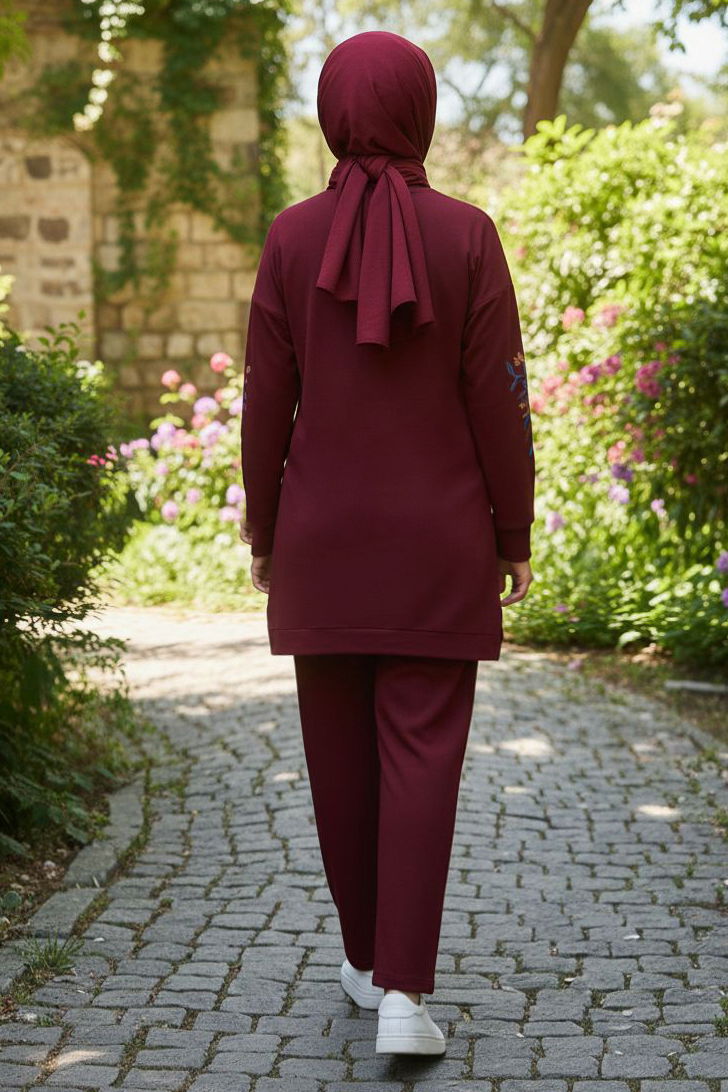 Baskılı Yırtmaçlı İki İplik Takım - 2065-BORDO - TOFİSA