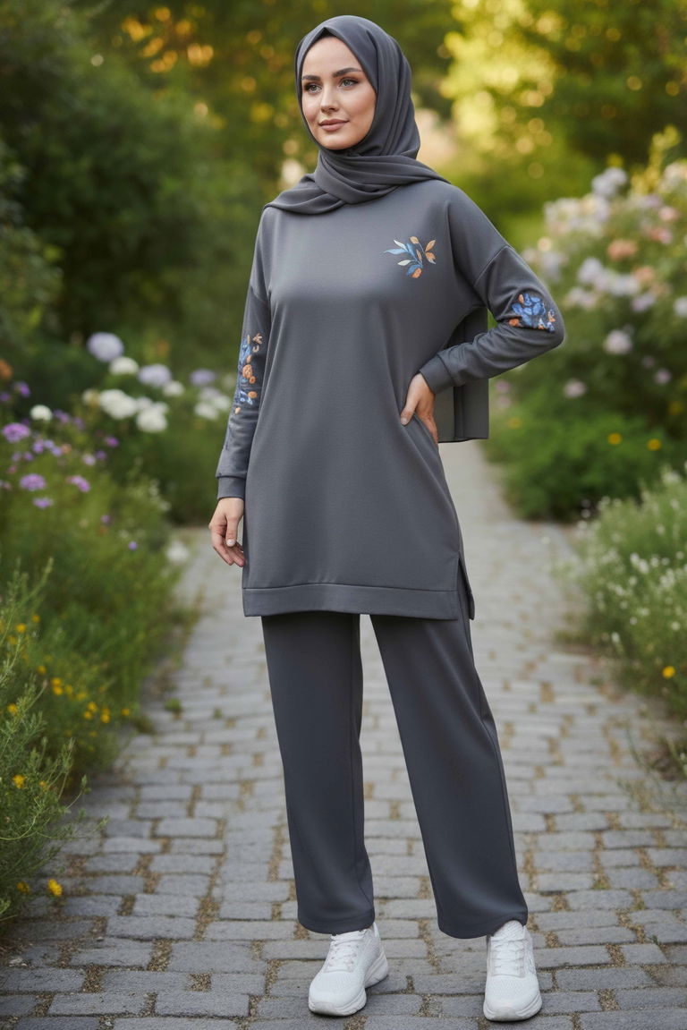 Baskılı Yırtmaçlı İki İplik Takım - 2065-FUME - TOFİSA