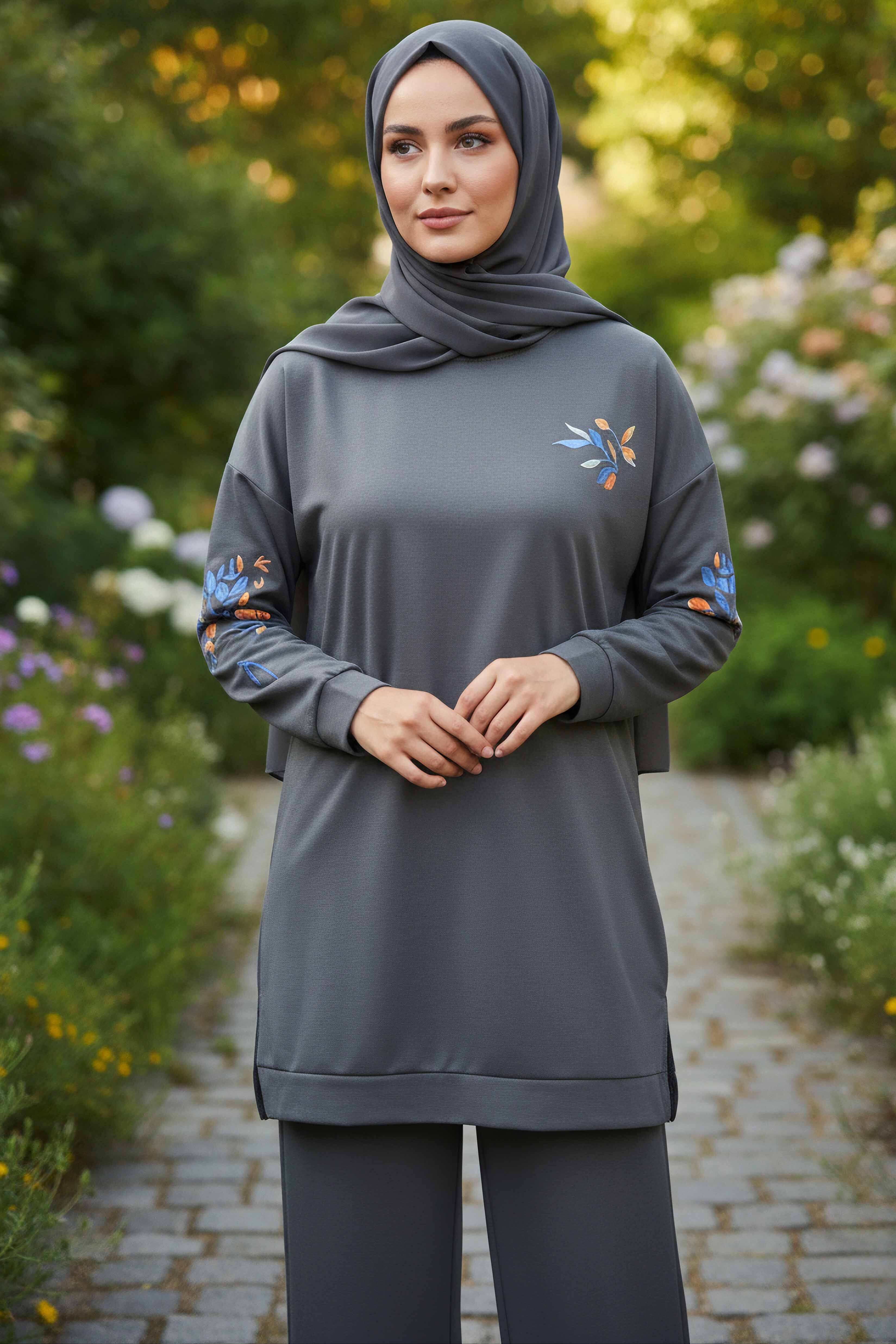 Baskılı Yırtmaçlı İki İplik Takım - 2065-FUME - 2