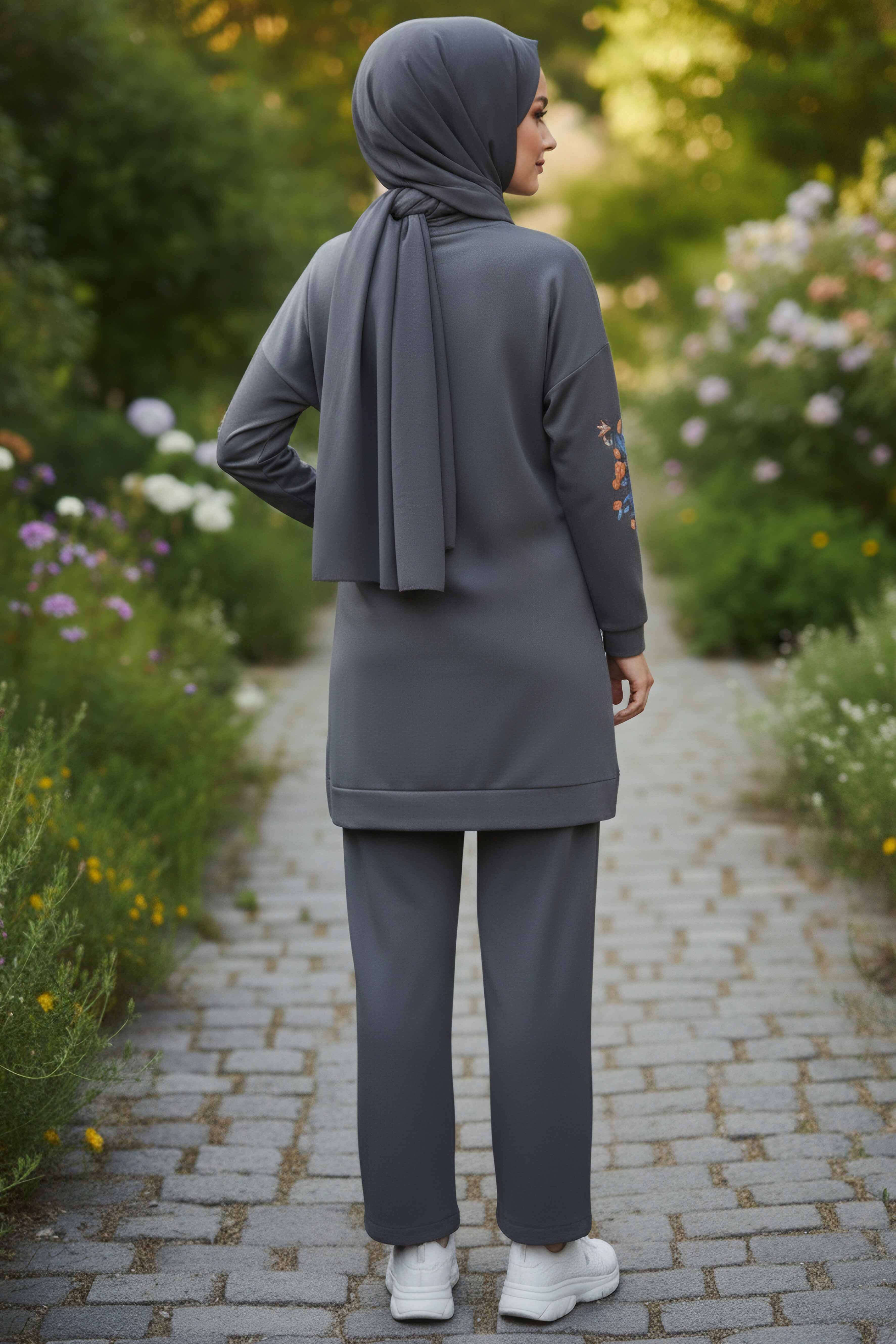 Baskılı Yırtmaçlı İki İplik Takım - 2065-FUME - 3