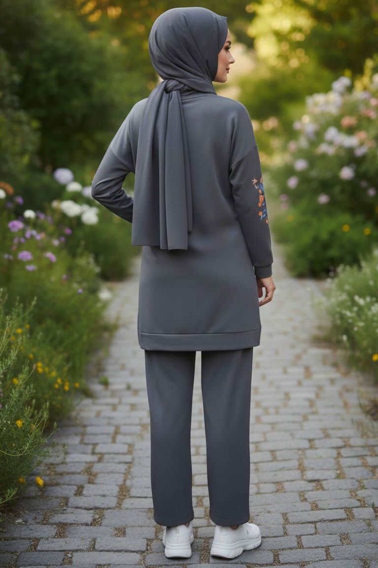 Baskılı Yırtmaçlı İki İplik Takım - 2065-FUME - TOFİSA