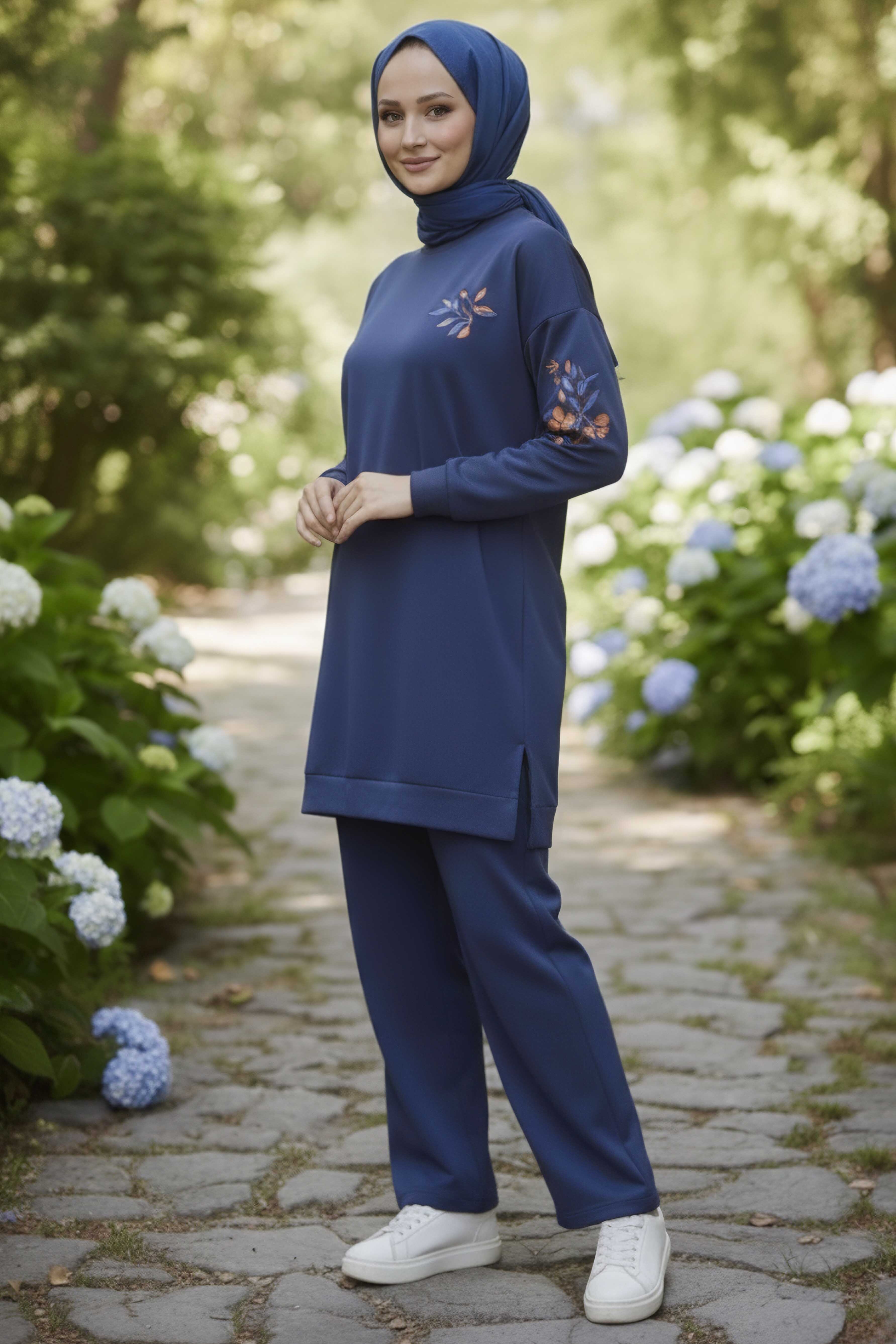 Baskılı Yırtmaçlı İki İplik Takım - 2065-INDIGO - 1