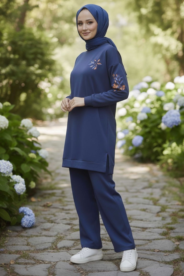 Baskılı Yırtmaçlı İki İplik Takım - 2065-INDIGO - TOFİSA