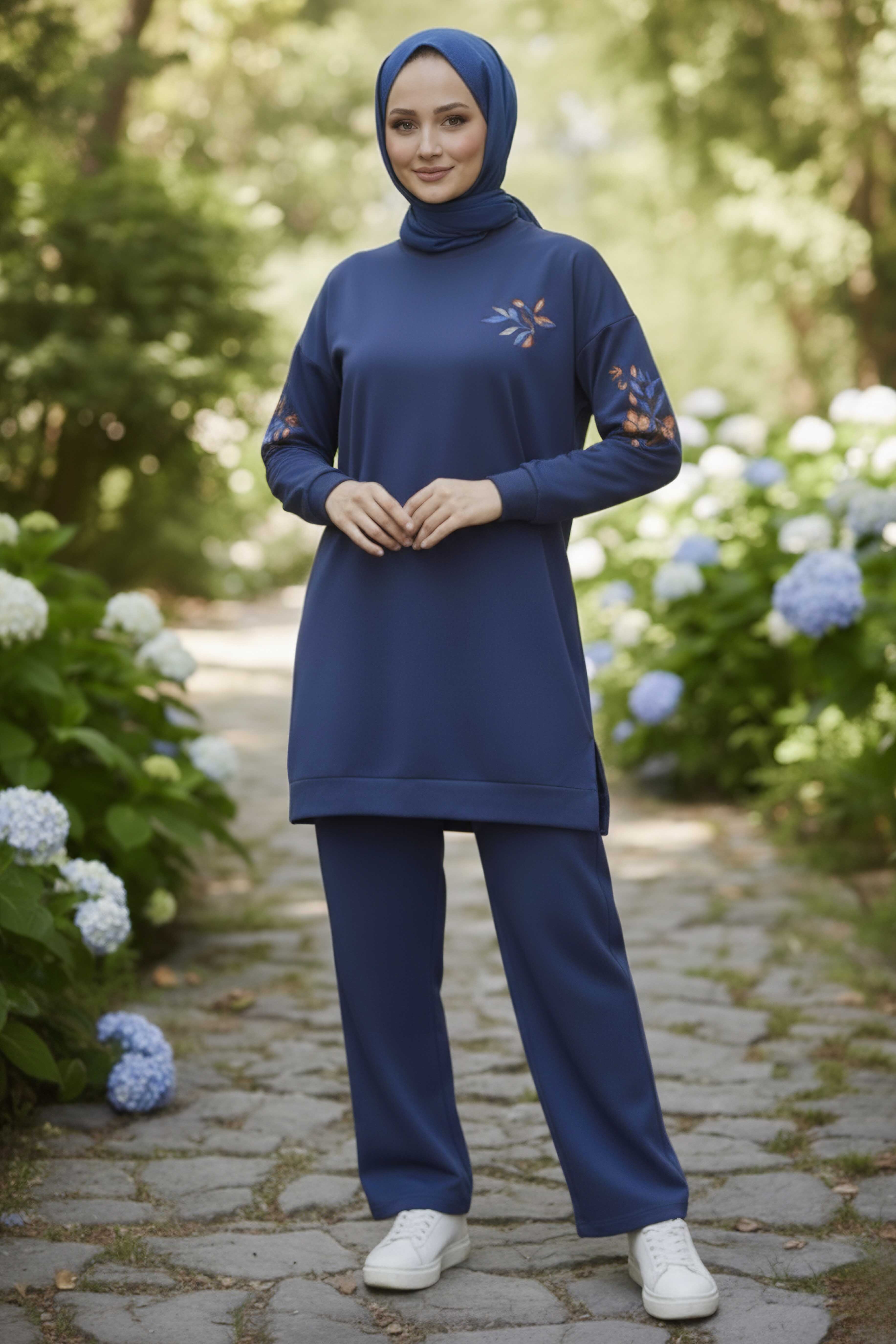 Baskılı Yırtmaçlı İki İplik Takım - 2065-INDIGO - 2