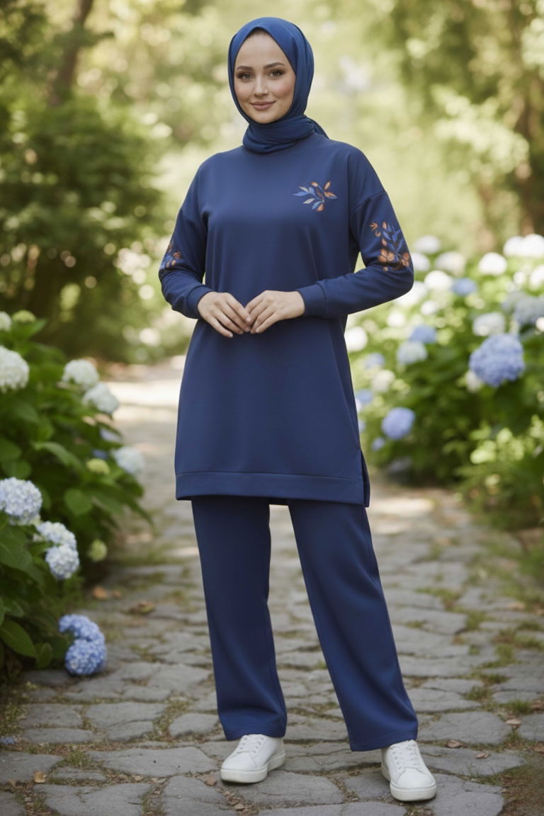 Baskılı Yırtmaçlı İki İplik Takım - 2065-INDIGO - TOFİSA