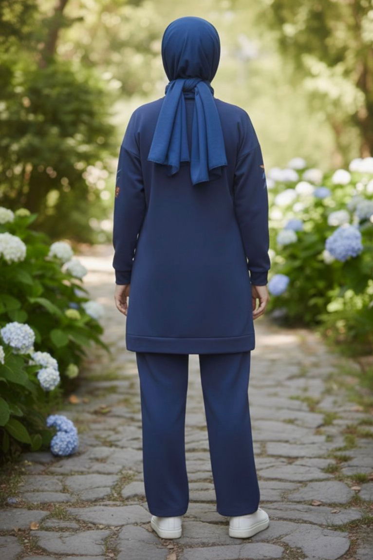 Baskılı Yırtmaçlı İki İplik Takım - 2065-INDIGO - 3