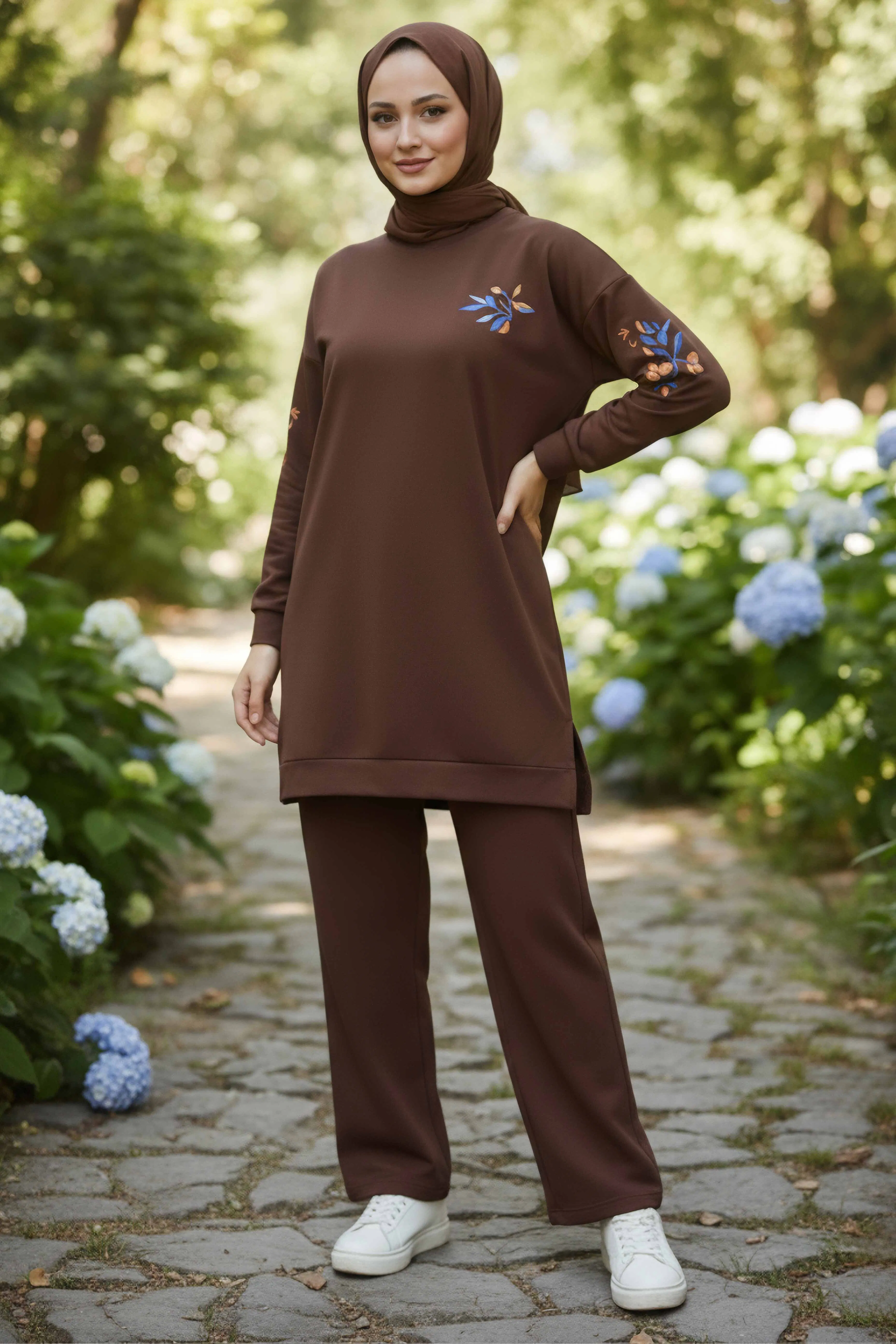 Baskılı Yırtmaçlı İki İplik Takım - 2065-KAHVE - 1