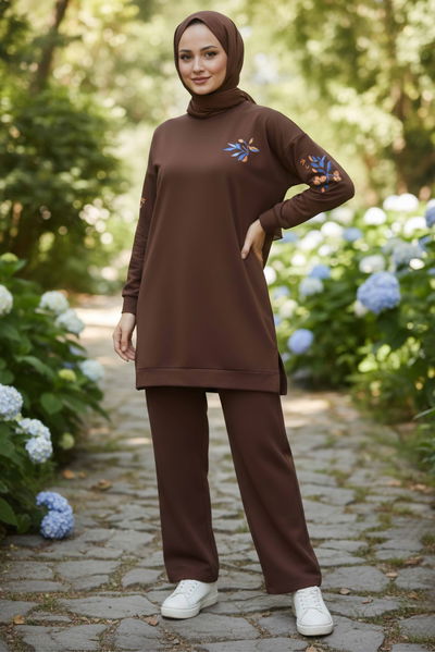 Baskılı Yırtmaçlı İki İplik Takım - 2065-KAHVE 