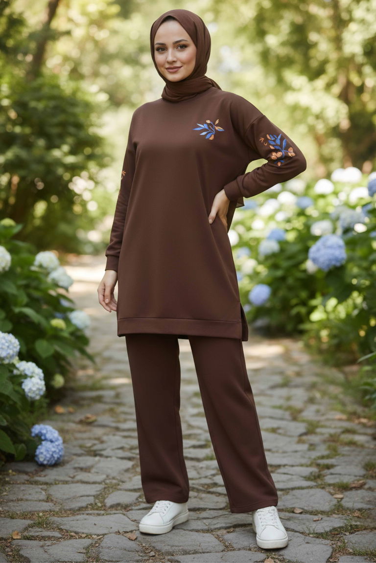 Baskılı Yırtmaçlı İki İplik Takım - 2065-KAHVE - TOFİSA