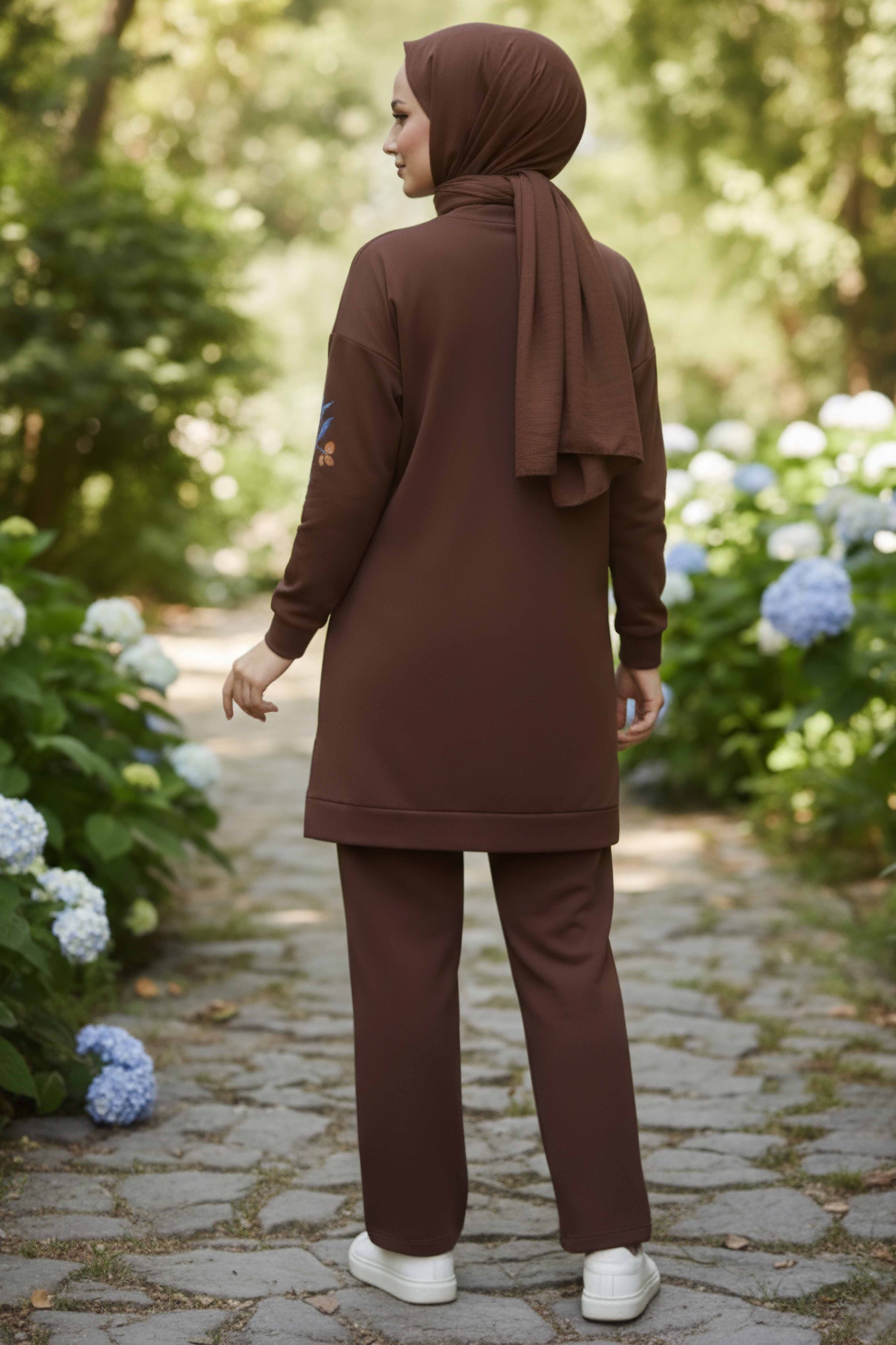 Baskılı Yırtmaçlı İki İplik Takım - 2065-KAHVE - 3