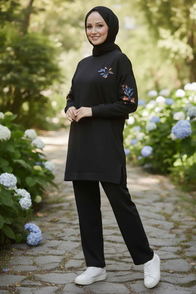 Baskılı Yırtmaçlı İki İplik Takım - 2065-SIYAH 