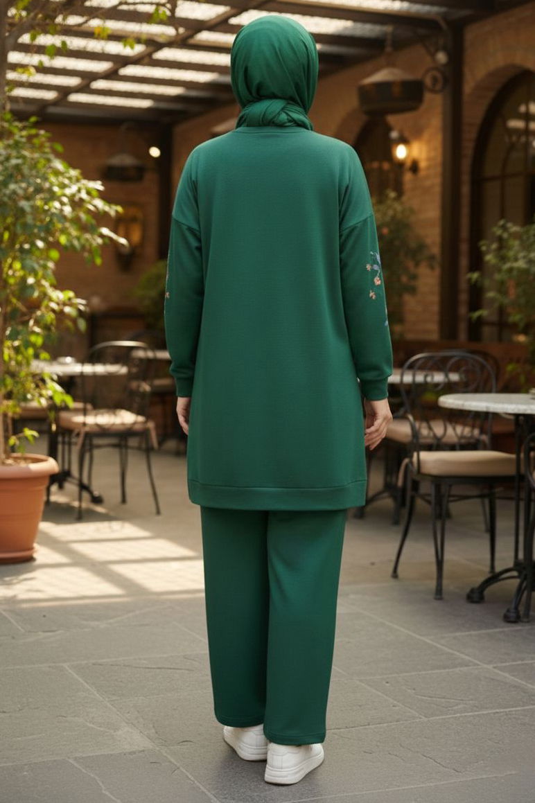 Baskılı Yırtmaçlı İki İplik Takım - 2065-ZUMRUT - 3